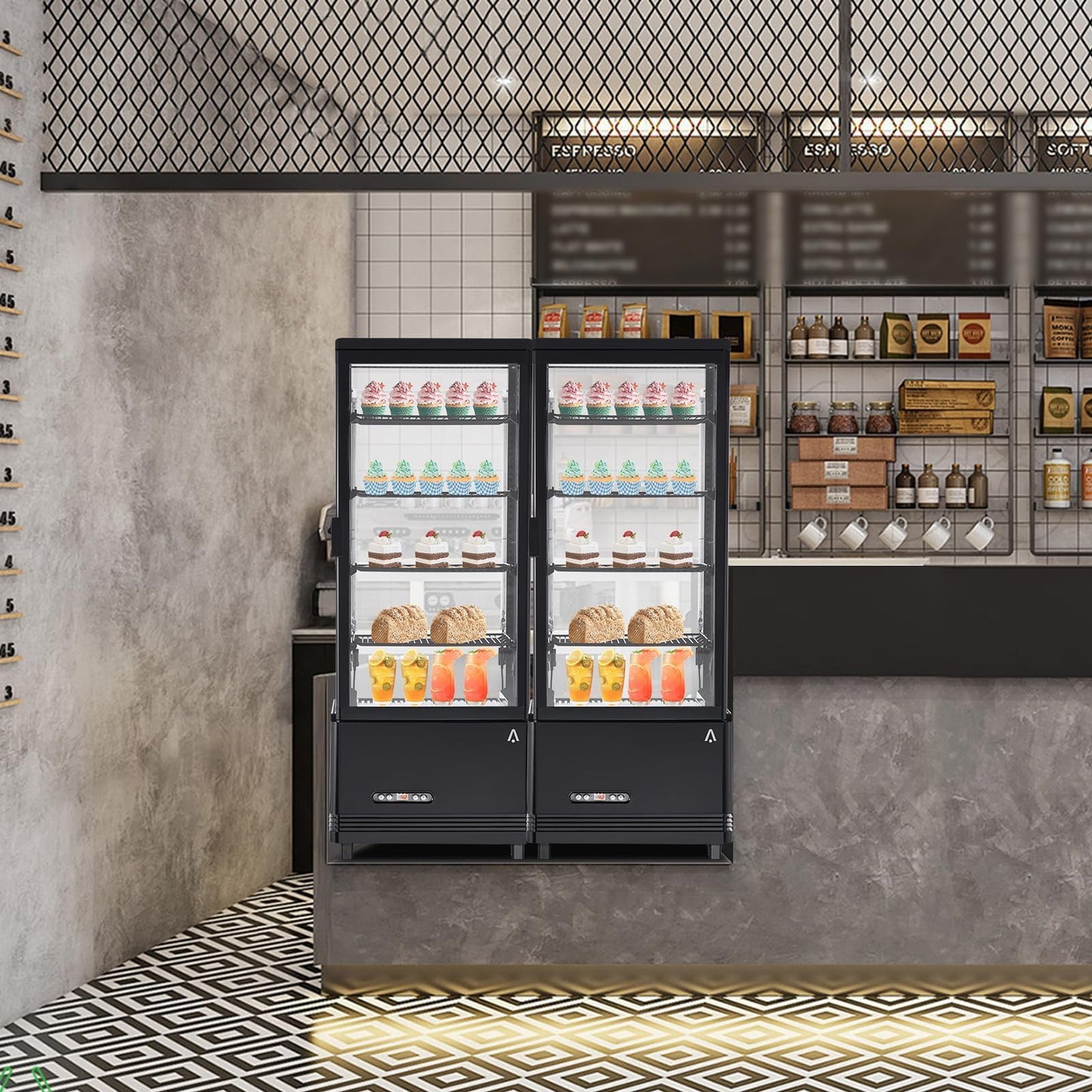 Countertop Display Refrigerator 3.4 Cu.ft, 4-Tier LED Pastry Cooler, Sliding Door, Adjustable Shelves, Commercial Fridge for Bakery Cafe Restaurant, Frost-Free, Black