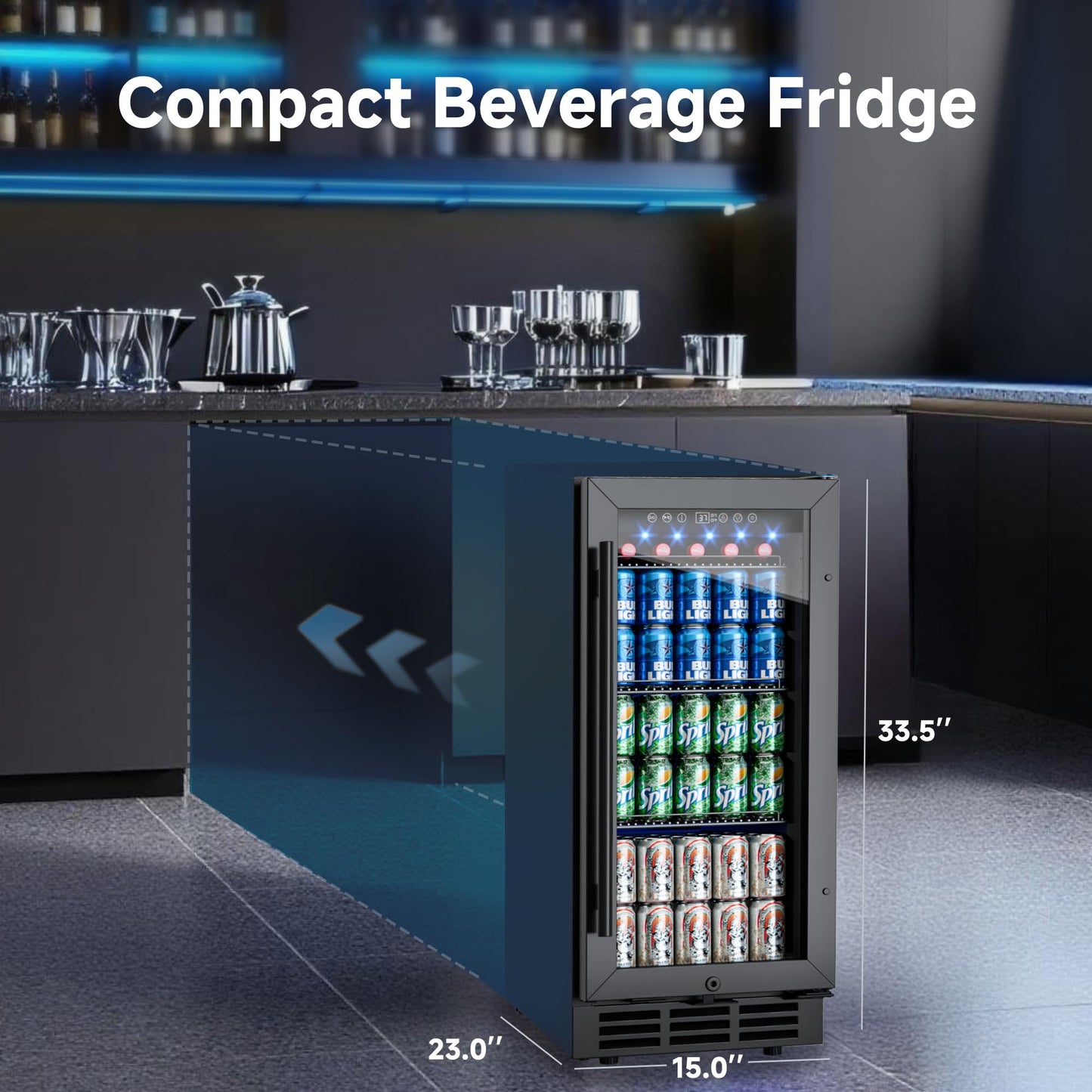 ICEVIVAL 15 Inch Under Counter Beverage Refrigerator, 130 Cans Large Capacity Beverage Fridge, Buit-In or Freestanding Drink Cooler with Glass Door & Adjustable Shelves, for Home, Office, Bar (Black)