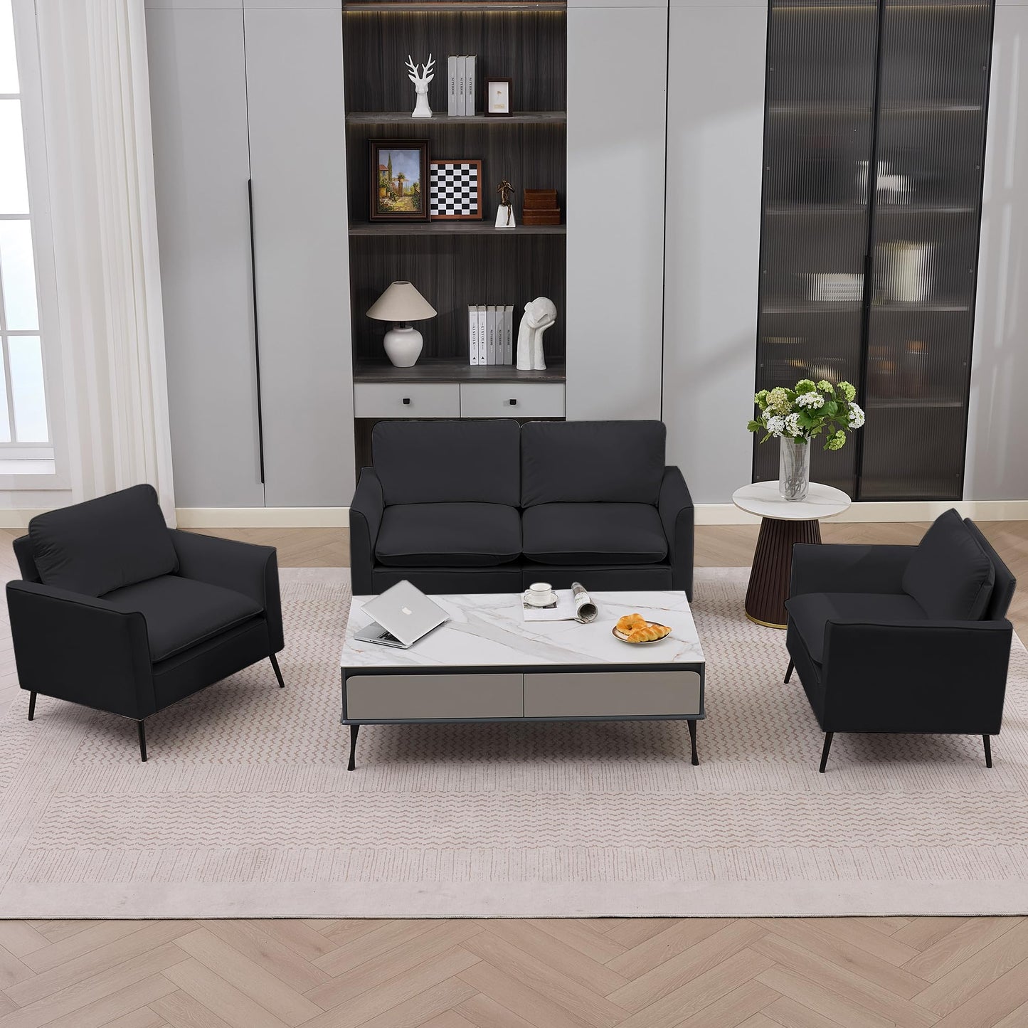 KEIKI Faux Leather Sofa Couch, Living Room Furniture Sectional Sofa Sets of 3 Pcs, Mid Century Modern Decor Sofa Couches, Loveseat & Accent Chair for Small Space, Apartment, Office, Black
