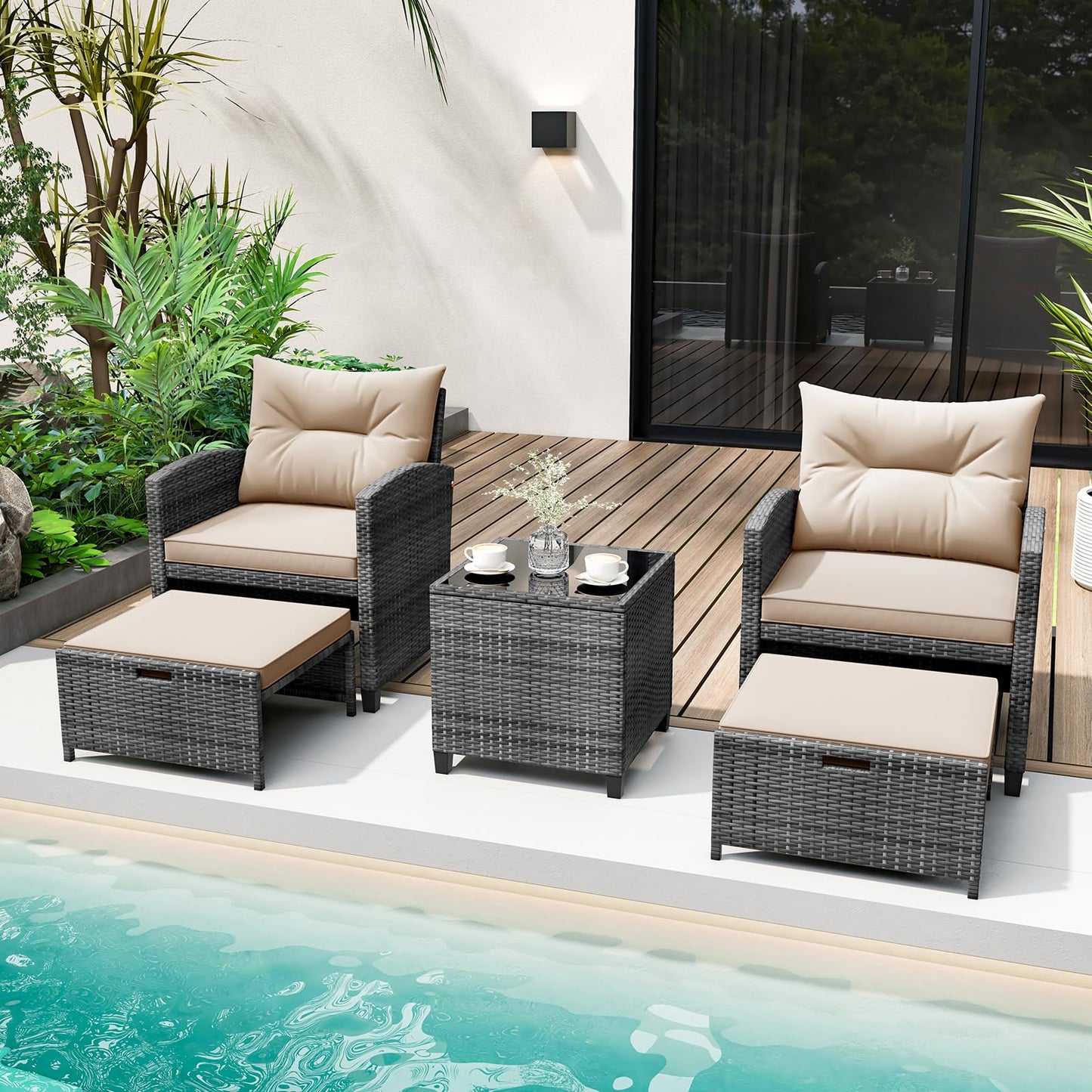 COSTWAY 5-Piece Rattan Conversation Set, Outdoor Wicker Sofa, Tempered Glass Coffee Table & Ottomans for Small Space, Boho Chic Indoor/Outdoor Furniture Set for Poolside, Backyard, Deck (Beige)