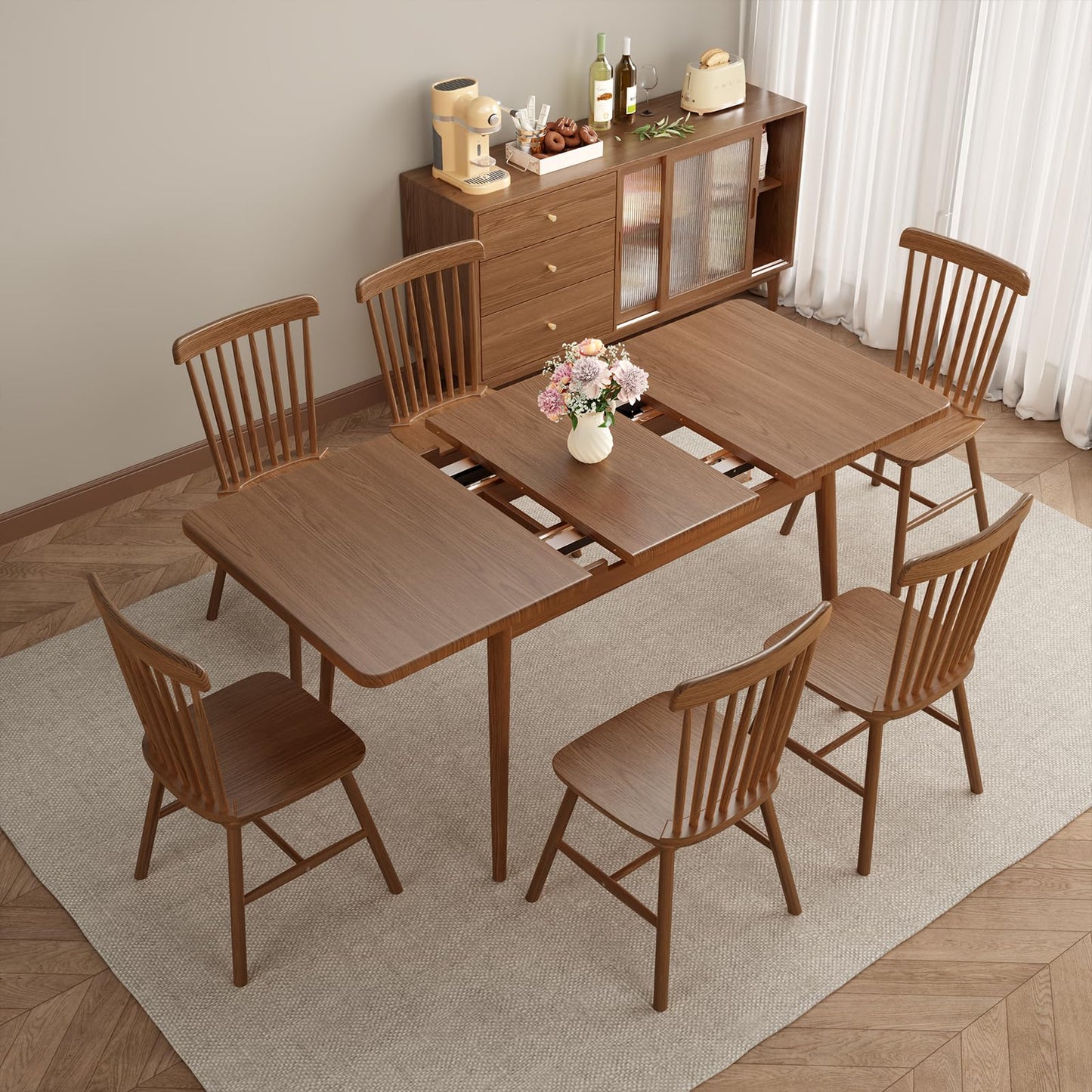 Muwuele Solid Wood Extendable Dining Table for 4-8 People with Seamless Extension from 47.2 to 63 Inches, Easy Assembly, Expandable Tables for Small Spaces, Dining Room, Kitchen, Living Room, Walnut
