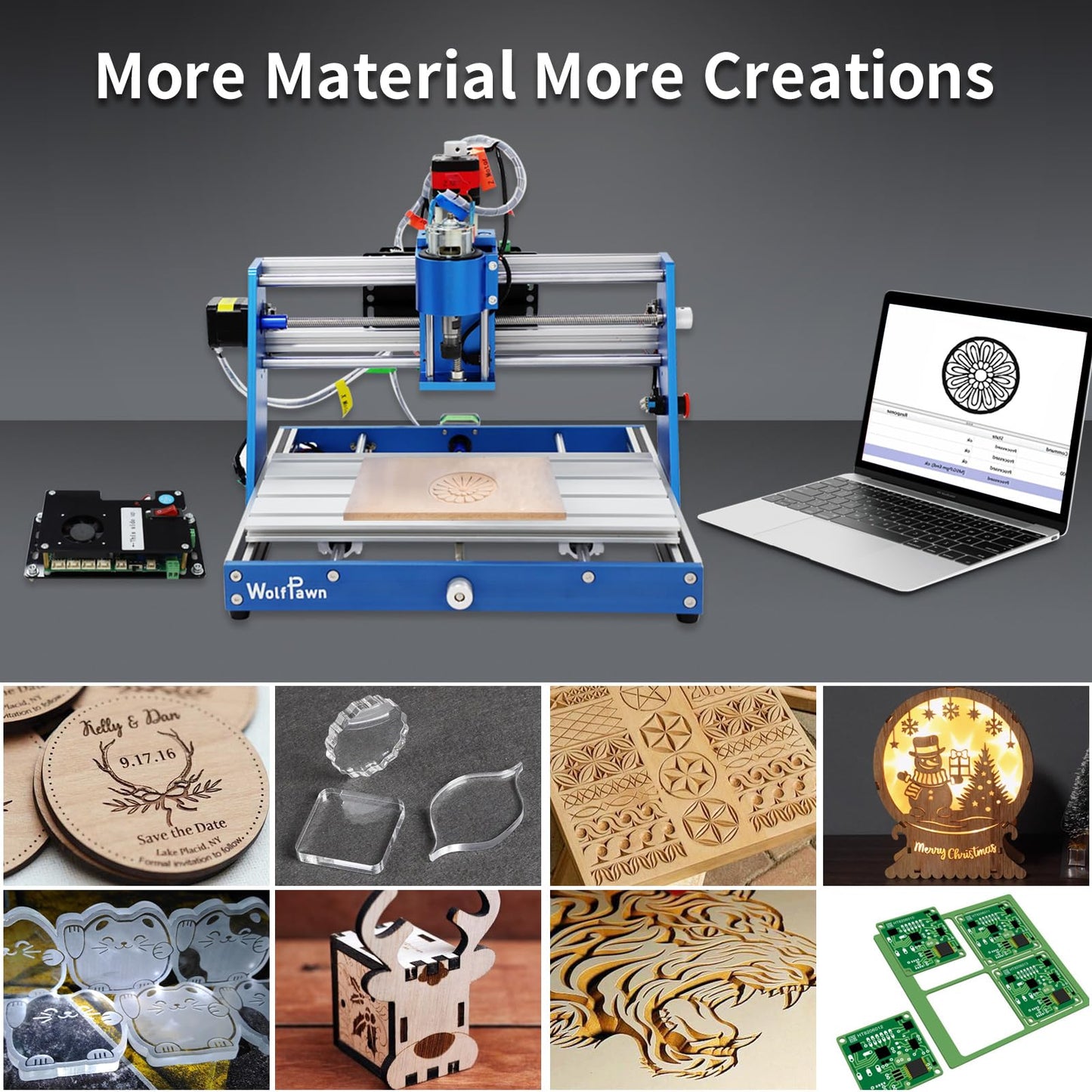 WolfPawn 3018 CNC Machine All-Metal CNC Router Machine, with Emergency-Stop 3 Axis Plastic Acrylic PCB PVC Wood Carving Milling Engraving Machine, XYZ Working Area 300x180x60mm