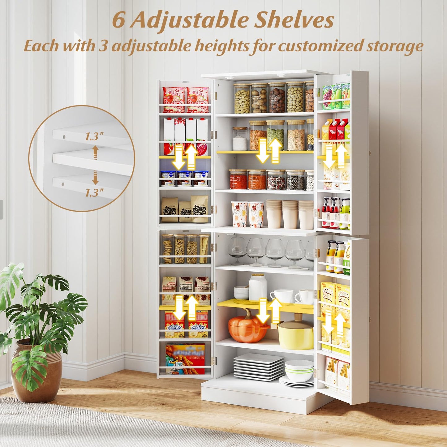 Giantex Kitchen Pantry Cabinet, 65.5" Tall Kitchen Hutch w/8-Tier Storage Cabinet, 16-Tier Door Shelves & Adjustable Shelves, 4-Door Freestanding Buffet Sideboard for Dining Room, Living Room, White