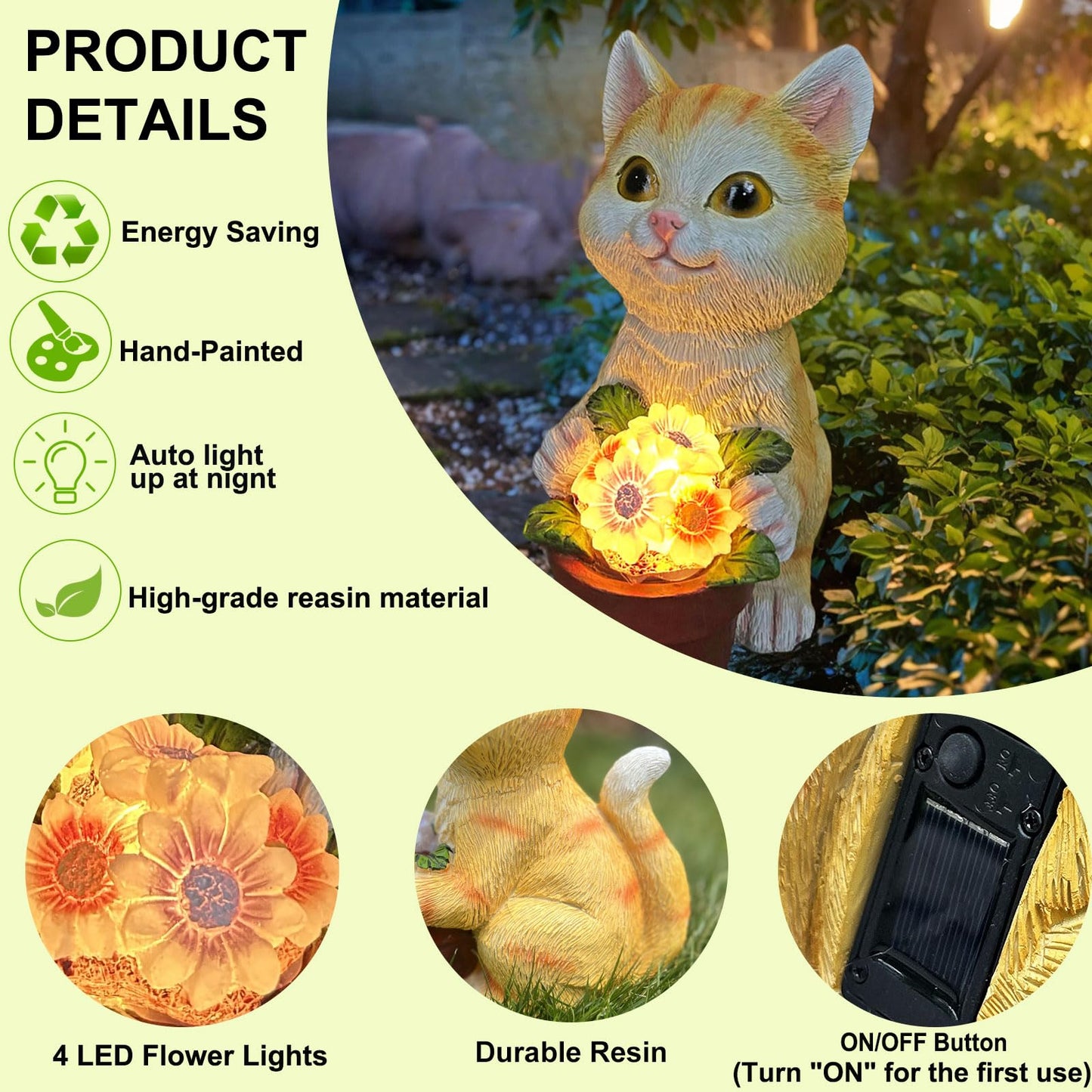 YODY Solar Garden Cat Statue with Flower Pot - Yellow Outdoor Decor for Patio, Balcony, Backyard - Unique Gift for Cat Lovers