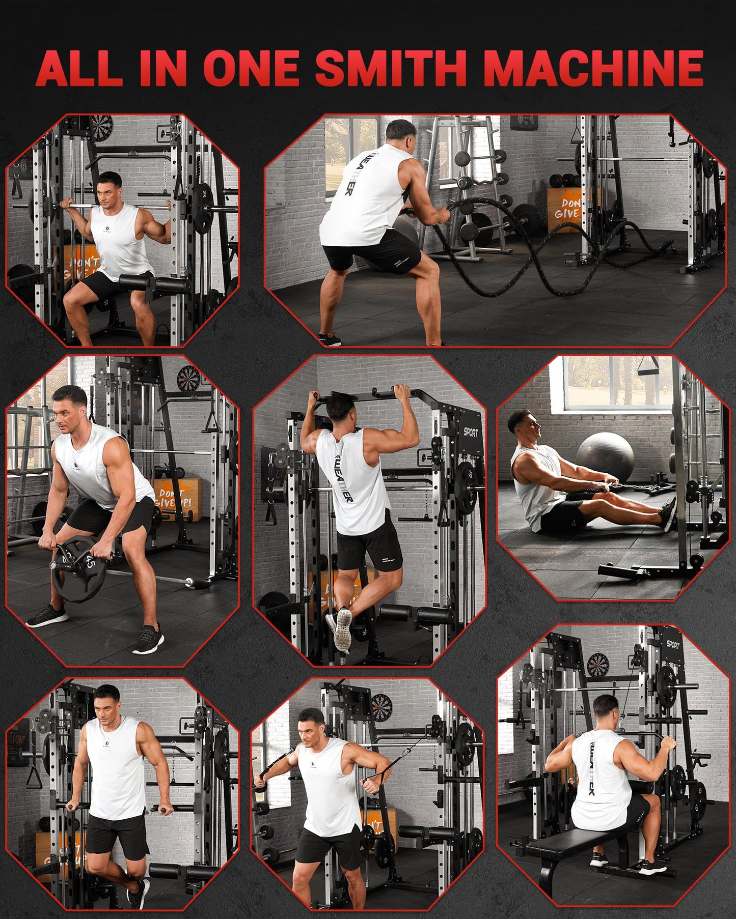 GarveeLife Smith Machine Home Gym All in One, 2200 LBS Squat Rack Power Cage with Smith Bar, LAT Pull-Down, Cable Systems, Leg Hold-Down and More Attachments, Workout Equipment (Black)