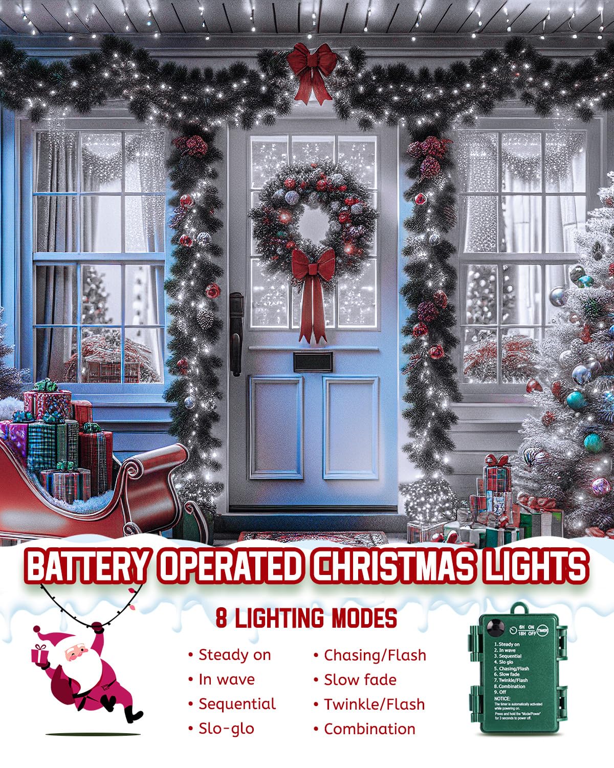 Minetom Christmas Outdoor Lights, 10Ft 120 LED Fire er String, Battery Operated, Cool White, 4 Pack