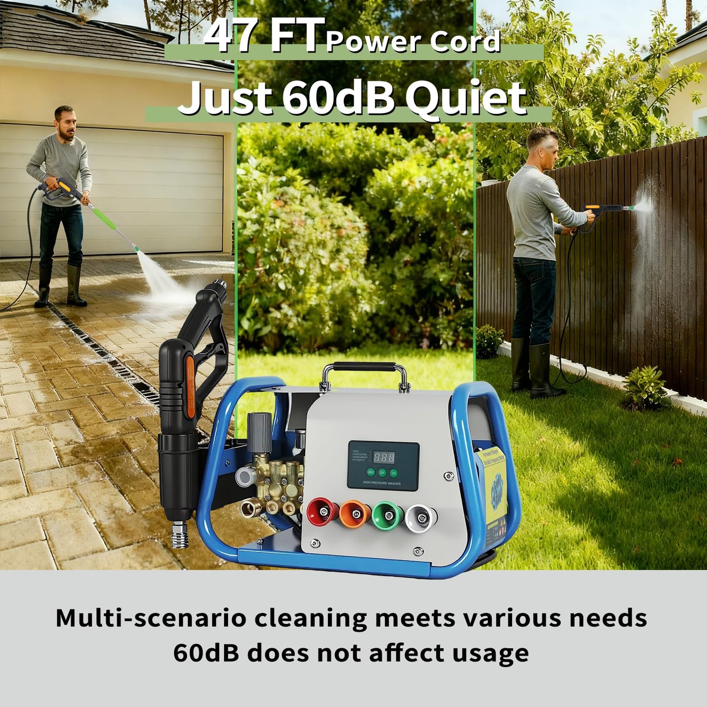 Yoking Pressure Washer, Max 150 bar, 12L/min, Power Washer for Cars, Driveways, Patios, Decks & Sidewalks, PM Inverter 3HP Motor,Horizontal Triplex Pump,60dB Quiet,with 7 Nozzles,Dual Wall/Floor Mount