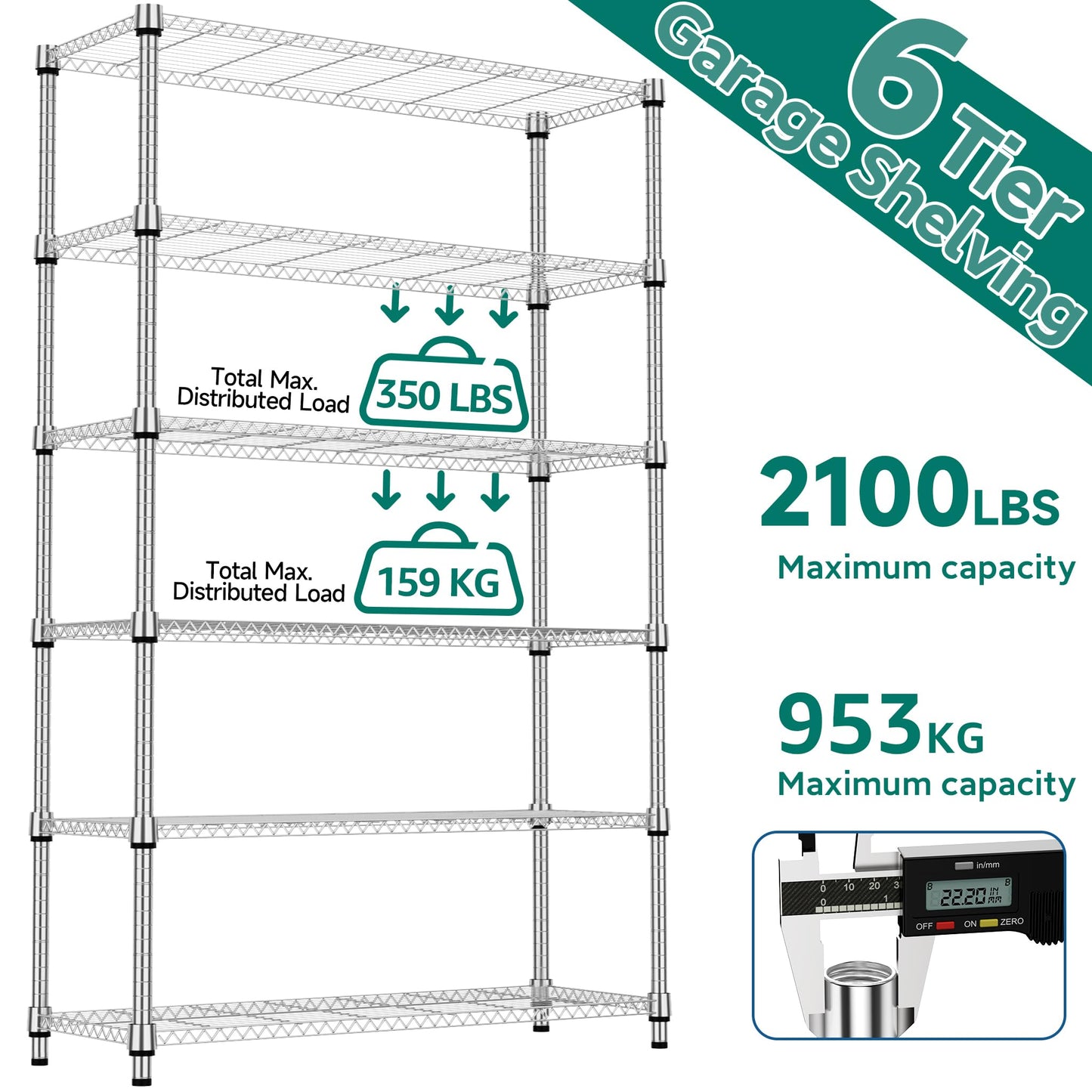 M MZG 2100LBS 47.2" W 6 Tiers Shelf Storage Shelves Metal Shelving Unit Heavy Duty Garage Shelving Adjustable Wire Shelves for Pantry,Kitchen,Garage,Basement,Chrome 17.7" D x 47.2" W x 82.4" H