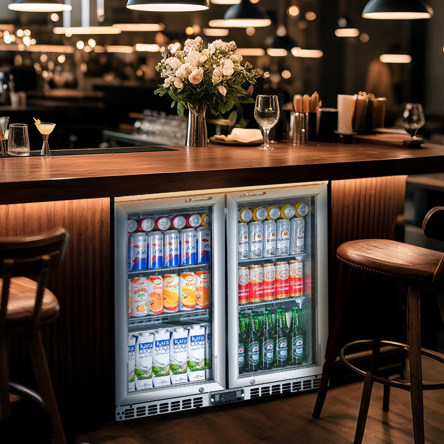 BINGERMA Back Bar Cooler with 2 Glass Doors Under Counter Commercial Beverage Refrigerator Silver Stainless Steel 7.4 Cu.ft. ETL Drink Fridges for Bar,Office
