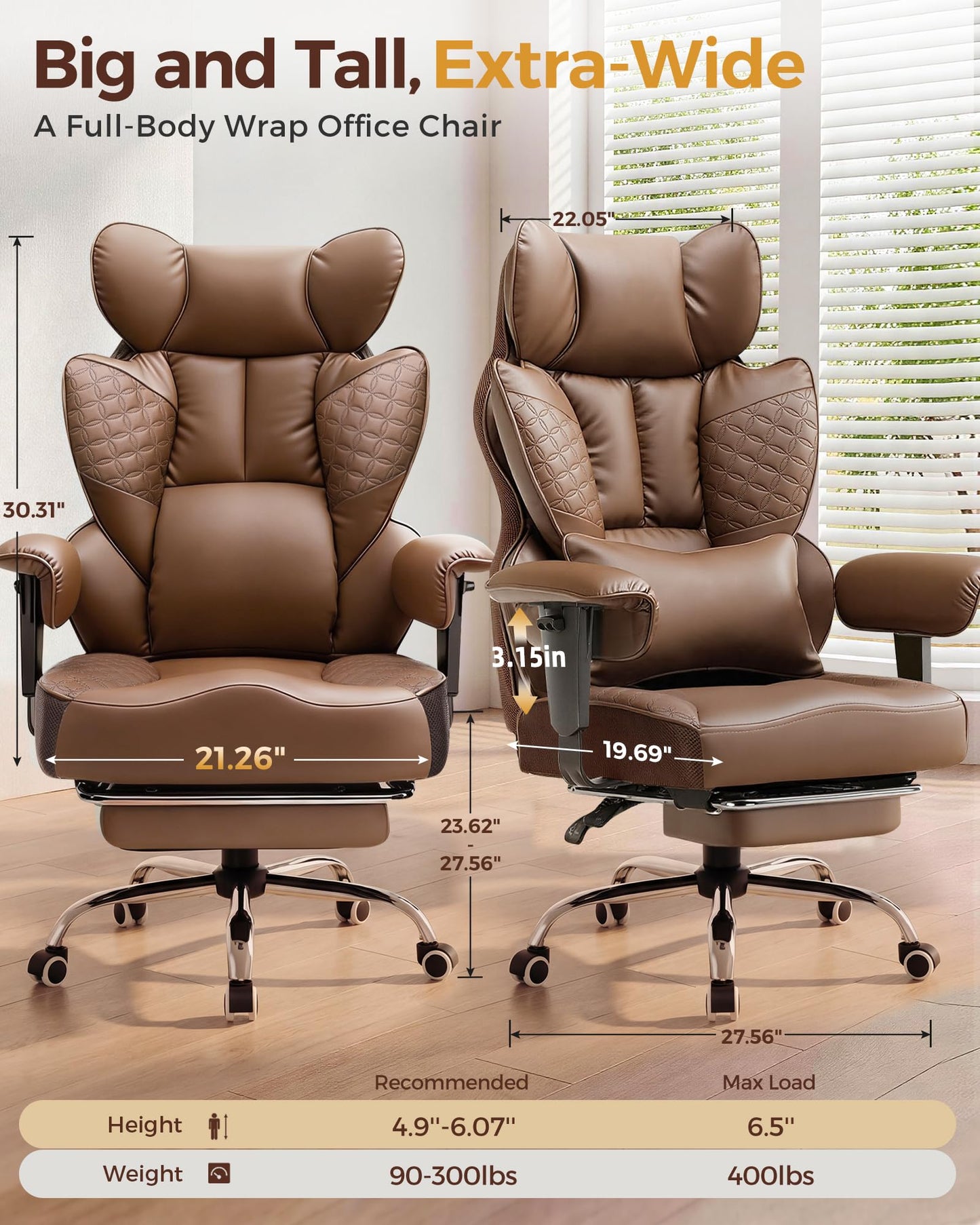 COMHOMA Big and Tall Office Chair Heavy Duty Gaming Chair with Deluxe Embossing Leather High Back Wider Ergonomic Computer Chair with Foot Rest 150°Reclining Pocket Spring Lumbar Support