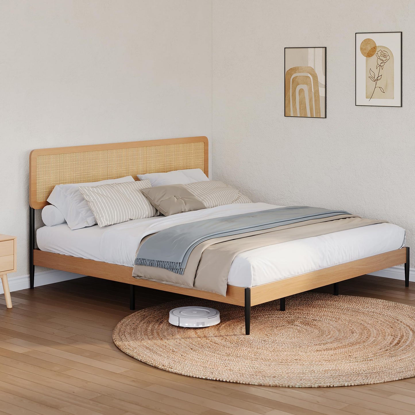 Rattan King Bed Frame with Headboard, Boho King Platform Beds, Natural Woven Rattan Headboard, Heavy Duty Slat Support Platform, No Box Spring Needed, Under Bed Storage, Noise Free, Easy Assembly