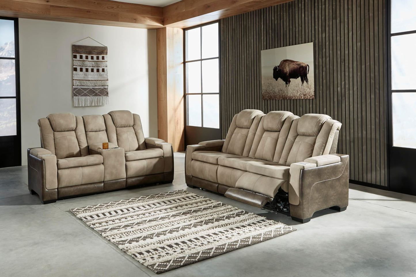 Signature Design by Ashley Next-Gen DuraPella Power Reclining Sofa – Wireless & USB Charging, Zero-Gravity, Adjustable Headrest, Water-Repellent Faux Leather, Drop-Down Table, Beige/Brown, 86”
