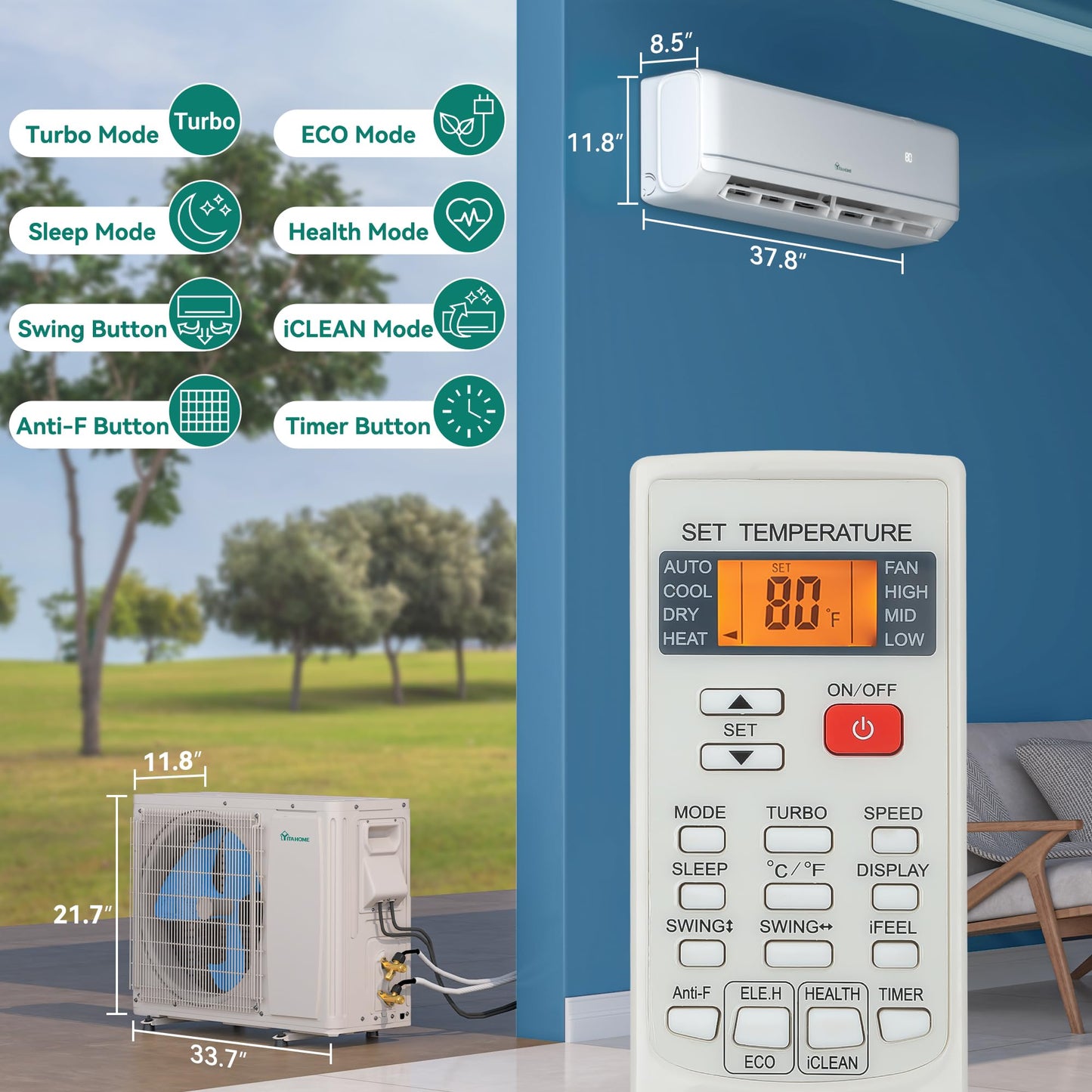 YITAHOME 18000 BTU Mini Split AC/Heating System, WiFi Enabled 21 SEER2 208-230V Inverter Pre-charged AC Compatible with Alexa, Cool Up to 1250 Sq. Ft, Complete Installation Kit, 1.5 Ton