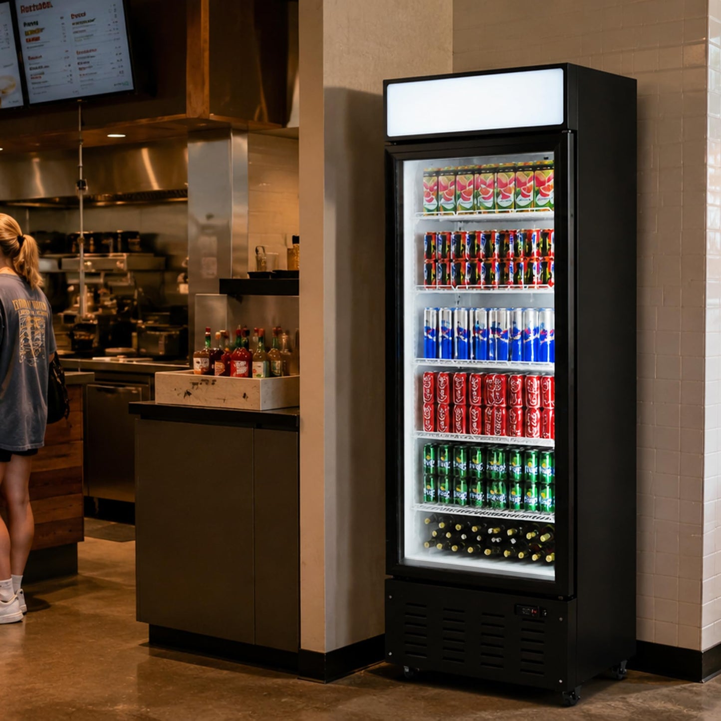 Frostvale 15 Cu.Ft Commercial Display Refrigerator, Black Single Glass Door Beverage Cooler with Lighted Header, ETL Upright Merchandiser Fridge for Drinks, Soda, Beer, Cafe, Store, Bar