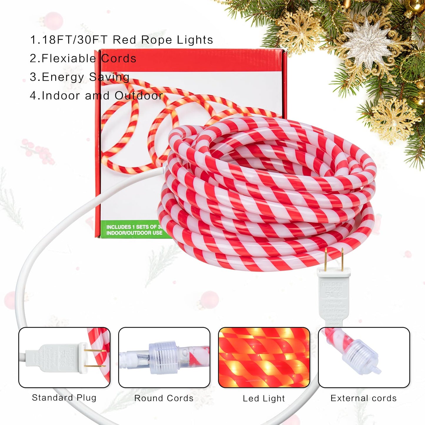 Vigdur LED Rope Lights - 18FT Waterproof Decorative Christmas Lights - 216 LEDs - Red - Model 46286