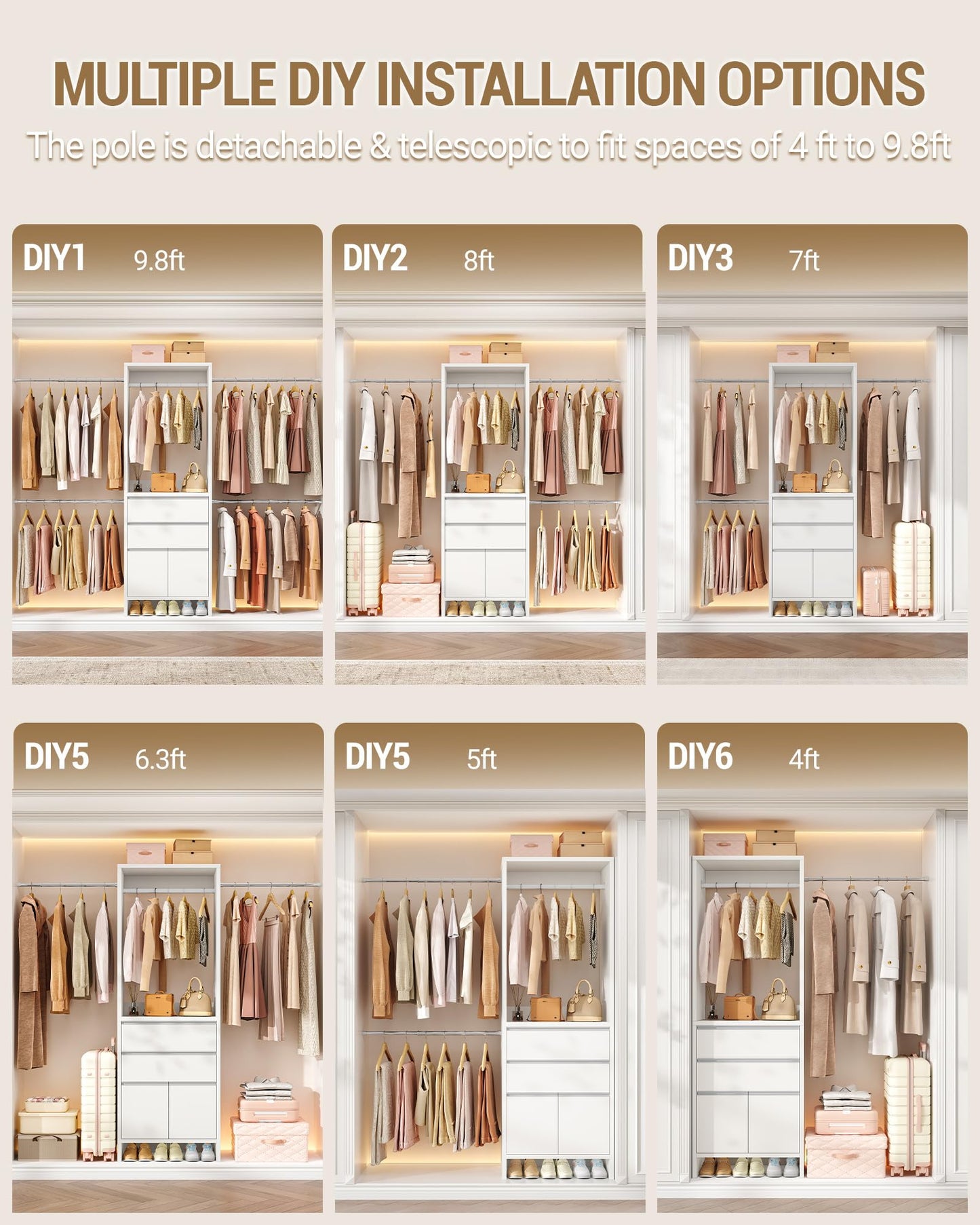 Hzuaneri Closet System with 2 Drawers, Walk-in Closet Organizer System Wooden Storage Systems with 4 Hang Rods & Shoe Cabinet, Fits Spaces 4-9.8FT, Wardrobe Clothes Rack Garment Rack, White MC00103E