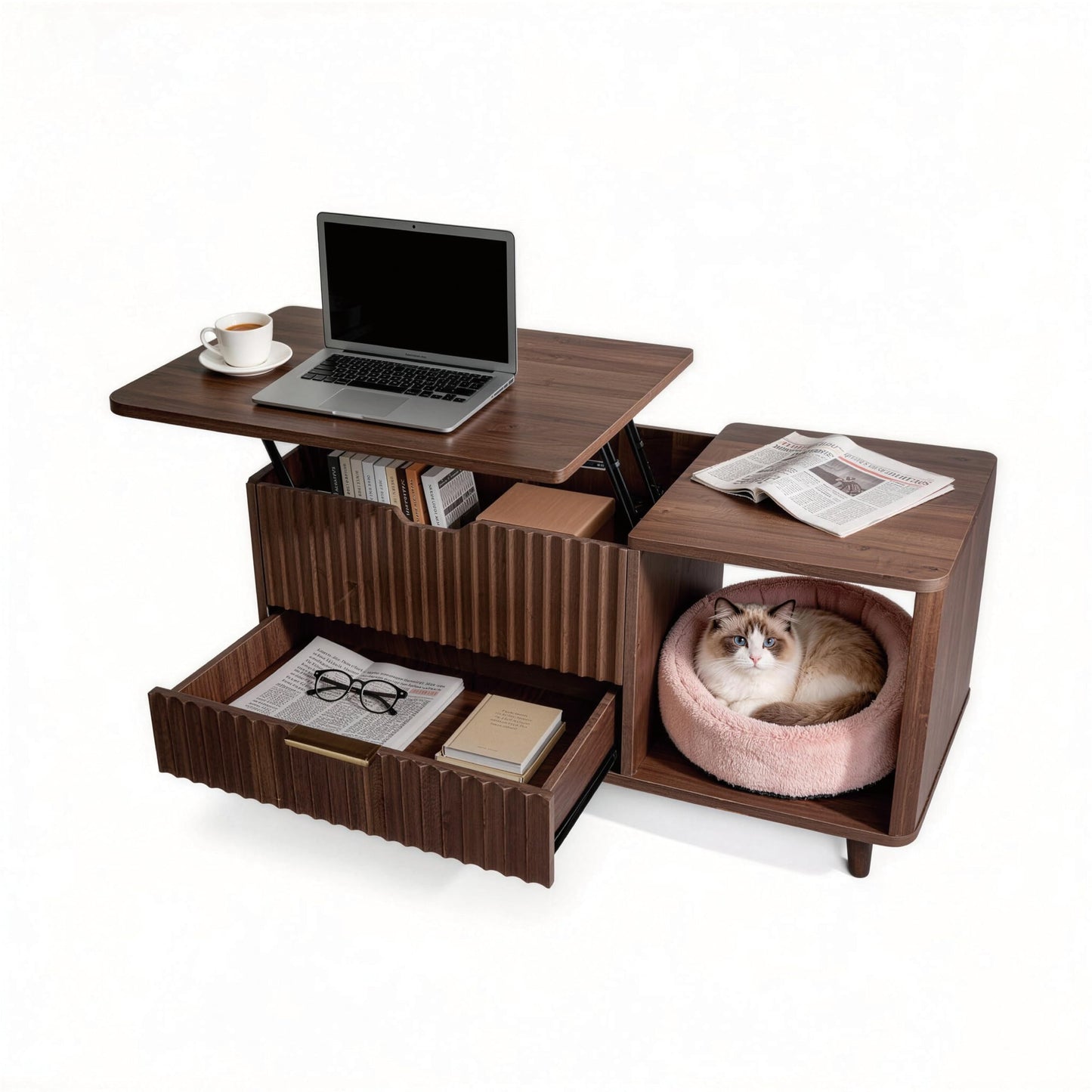 DAWNYIELD Fluted Lift Top Coffee Table with Hidden Storage, Center Table with Drawer & Open Shelf, Multi-Functional for Living Room, Space Saving, Oak