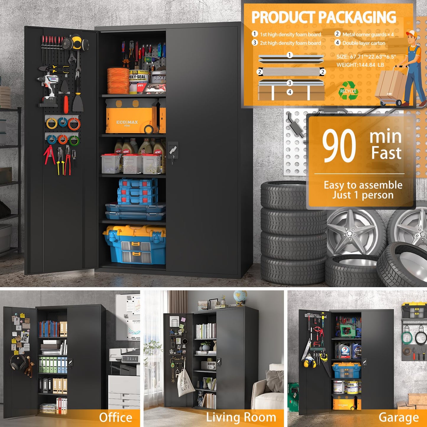 Upgraded Tall & Wide Metal Storage Cabinet with Doors & 4 Adjustable Shelves | Heavy-Duty Black Lockable Garage Cabinet with Wheels & Pegboard for Office, Gym, Basement, Warehouse (Black)