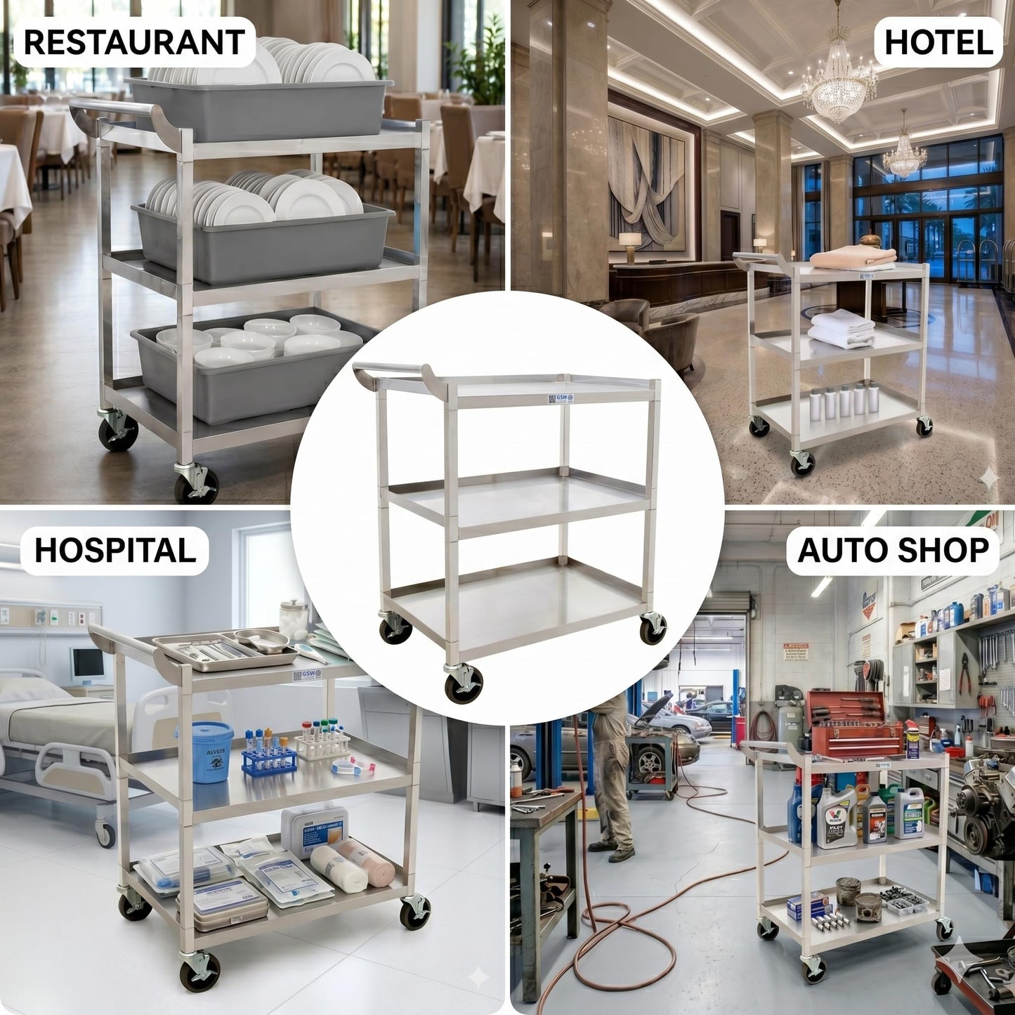 GSW C-31K Stainless Steel Solid 1-Inch Tubular Utility Cart with 4-3/4" Swivel Casters (26-1/2"W x 15-1/2"D x 35-1/2"H)
