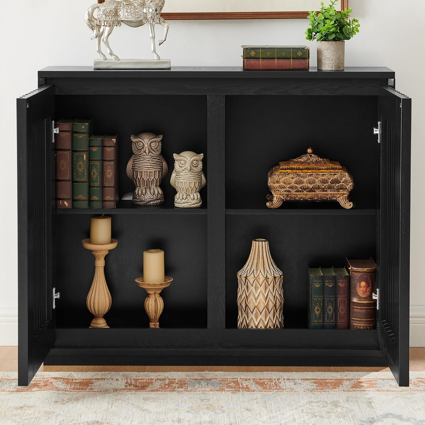 KEIKI 39" Mid Century Modern Fluted Hollowed Out Sideboard Cabinet with 2 Outlet Holes, Buffet Cabinet with Storage, Storage Cabinet for Living Room, Entryway, Hallway, Dining Room, Kitchen, Black