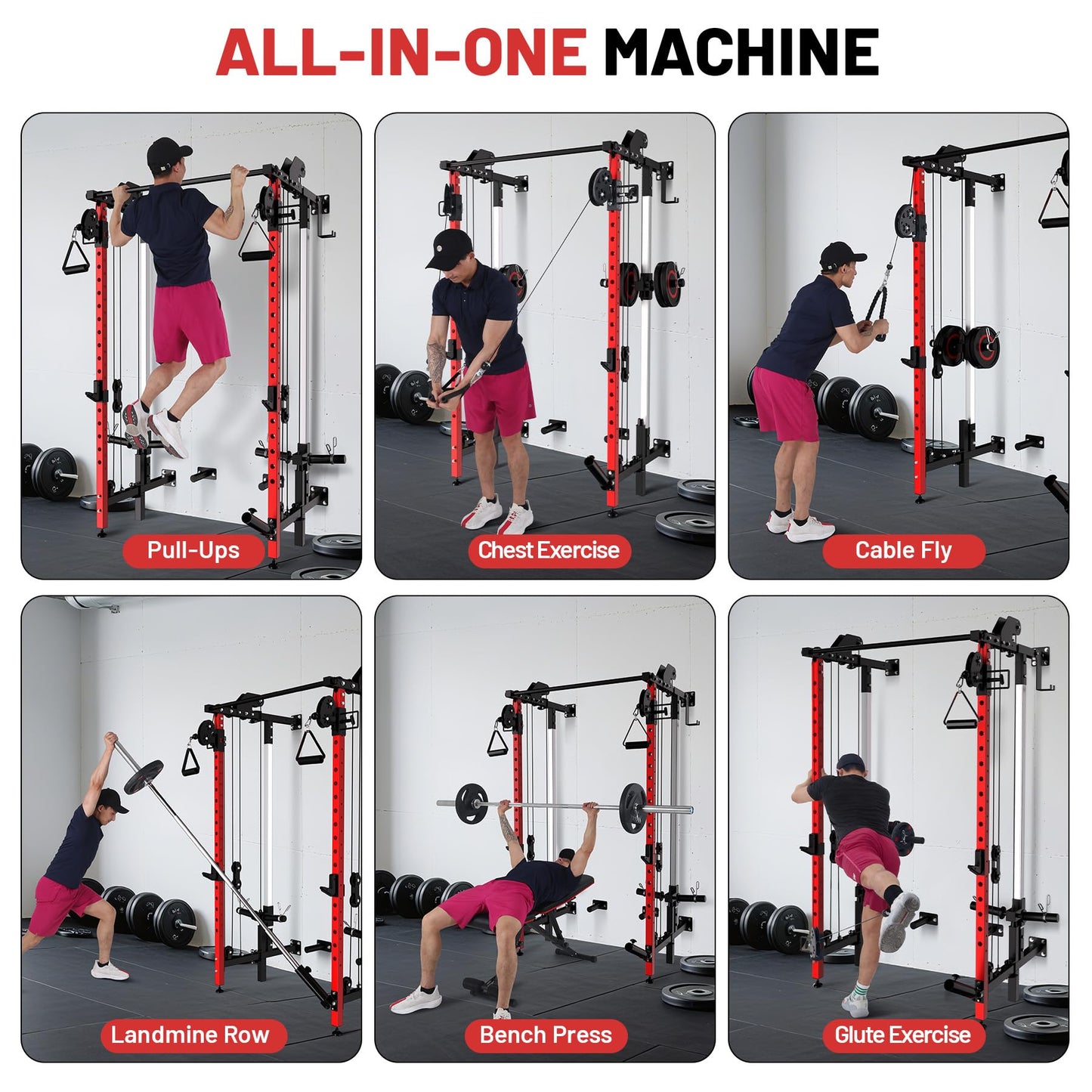 Garvee Folding Squat Rack, Wall Mounted Power Rack with Dual Independent Pulley System & Pull Up Bar, Multi-Function Power Cage with for Home Gym Space-Saving