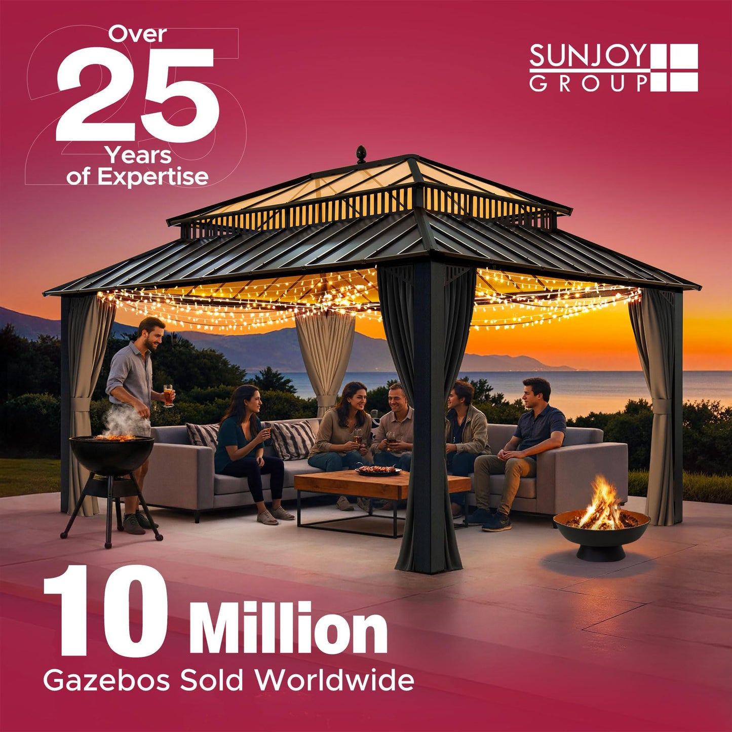 Sunjoy 9 ft. x 9 ft. Gazebo with 2-Tier Canopy Roof, Steel Frame Soft top Gazebo with Ceiling Hook and Mosquito Netting, Tan and Brown