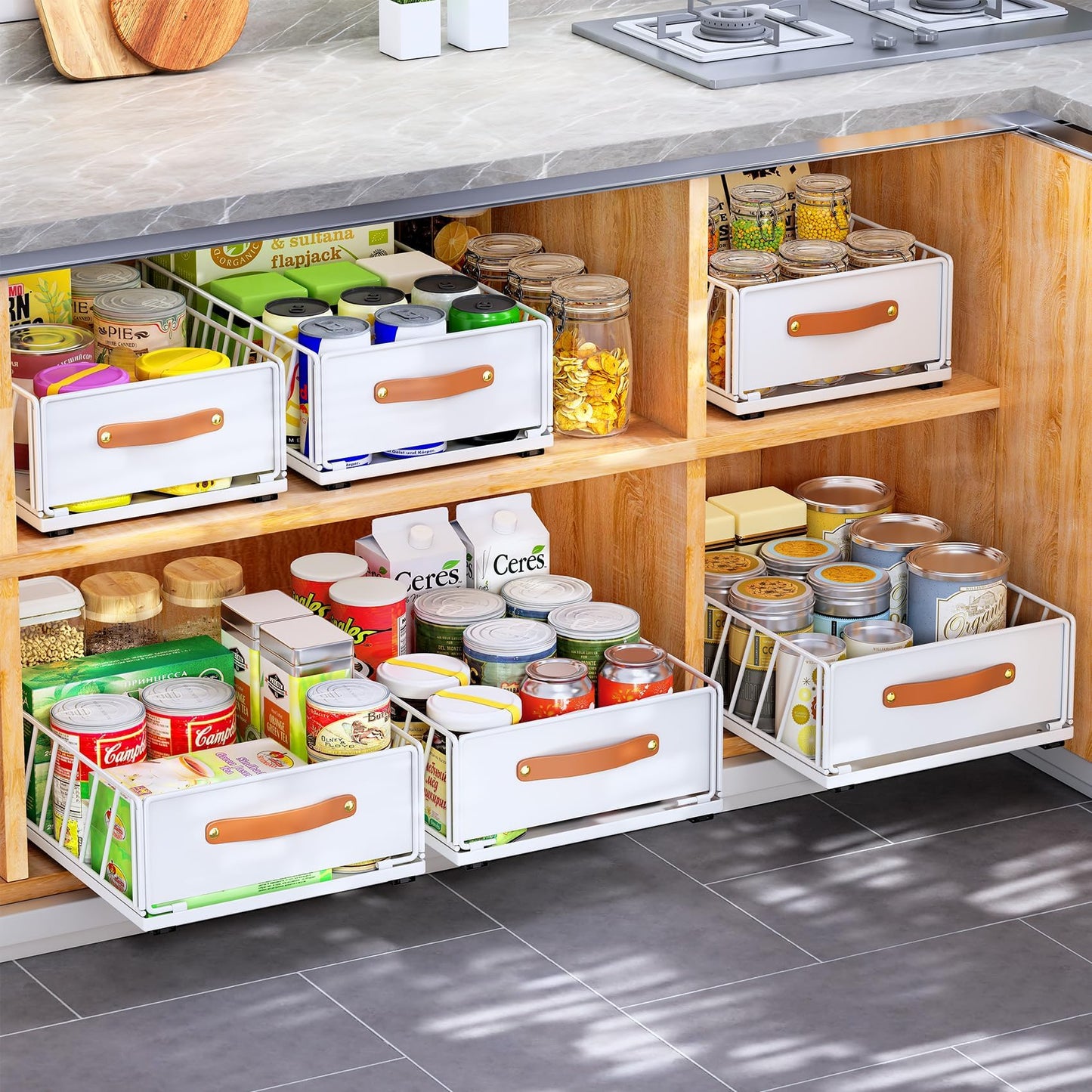 4Pack Pull out Cabinet Organizer,Heavy Duty Slide out Pantry Shelves Drawer Storage with Adhesive Nano Film,Sliding Mesh Basket with Handle for Kitchen, Bathroom, Home, 11.8W" X 15.7"D X 6.2"H,White