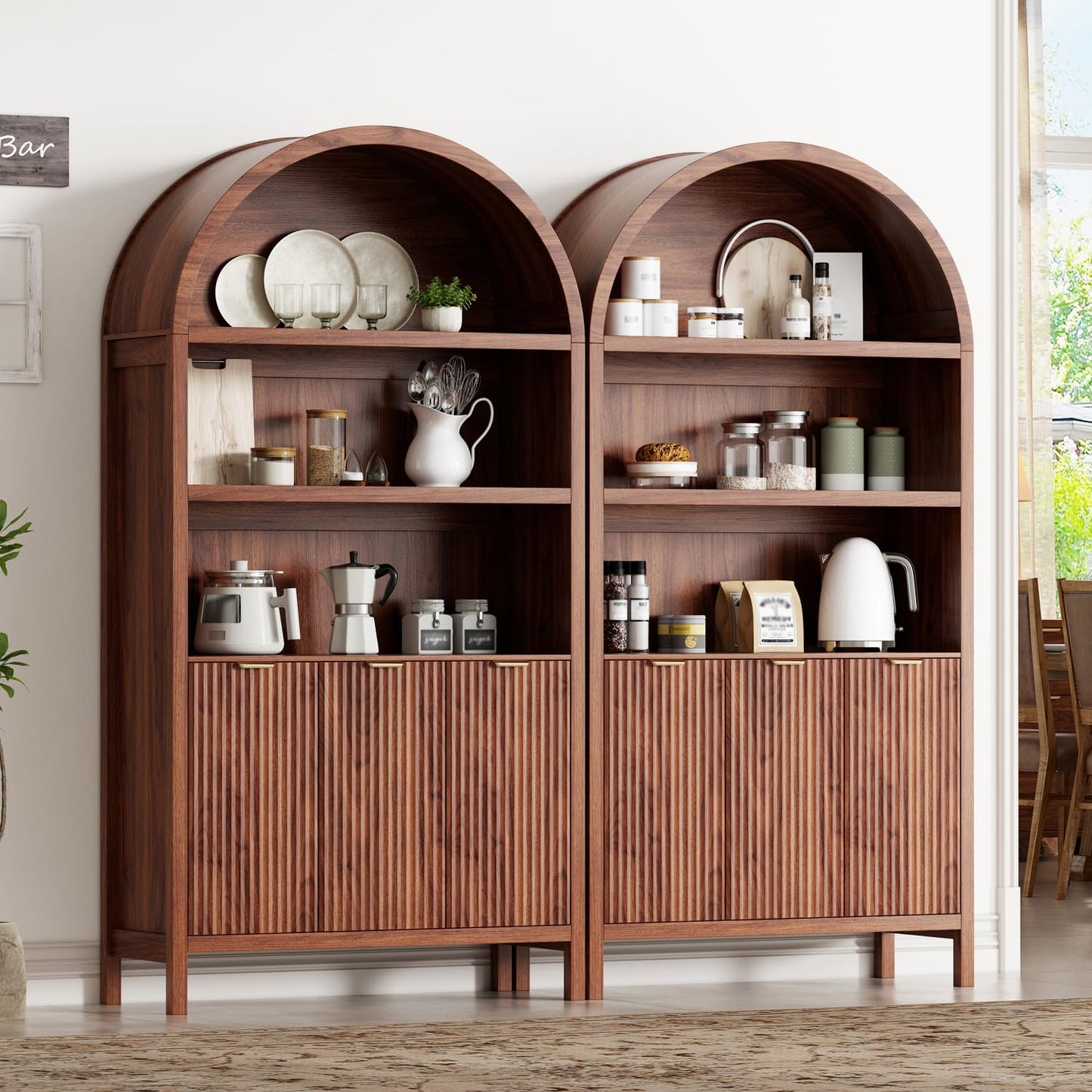 Ieejdn 71" Tall Arched Kitchen Pantry,Modern Fluted Wood Storage Cabinet with Doors,Adjustable Shelves,Organizer, Versatile Cupboard for Kitchen,Living Room,Dining Room,Bathroom,Walnut