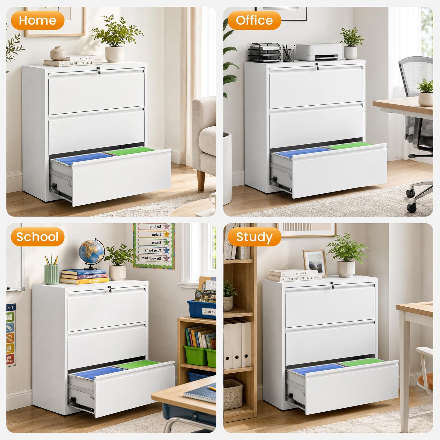 3 Drawer Lateral File Cabinet with Lock, Metal File Cabinets for Home Office, Office Furniture for Organization Hanging Legal/Letter/A4, Metal Filing Cabinet Storage Cabinet, Require Assembly, White
