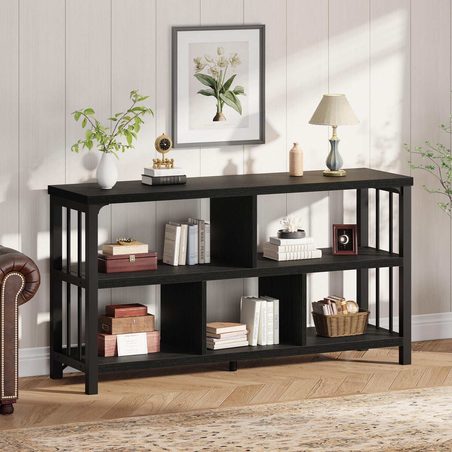 IBF Horizontal Cube Book shelf, Industrial Modern Open Bookshelf, Low Wide Home 5 Cube Storage Organizer Long Shelf for Bedroom, Short Wood and Metal Cubby Book Shelf for Living Room, Black Oak, 47 In