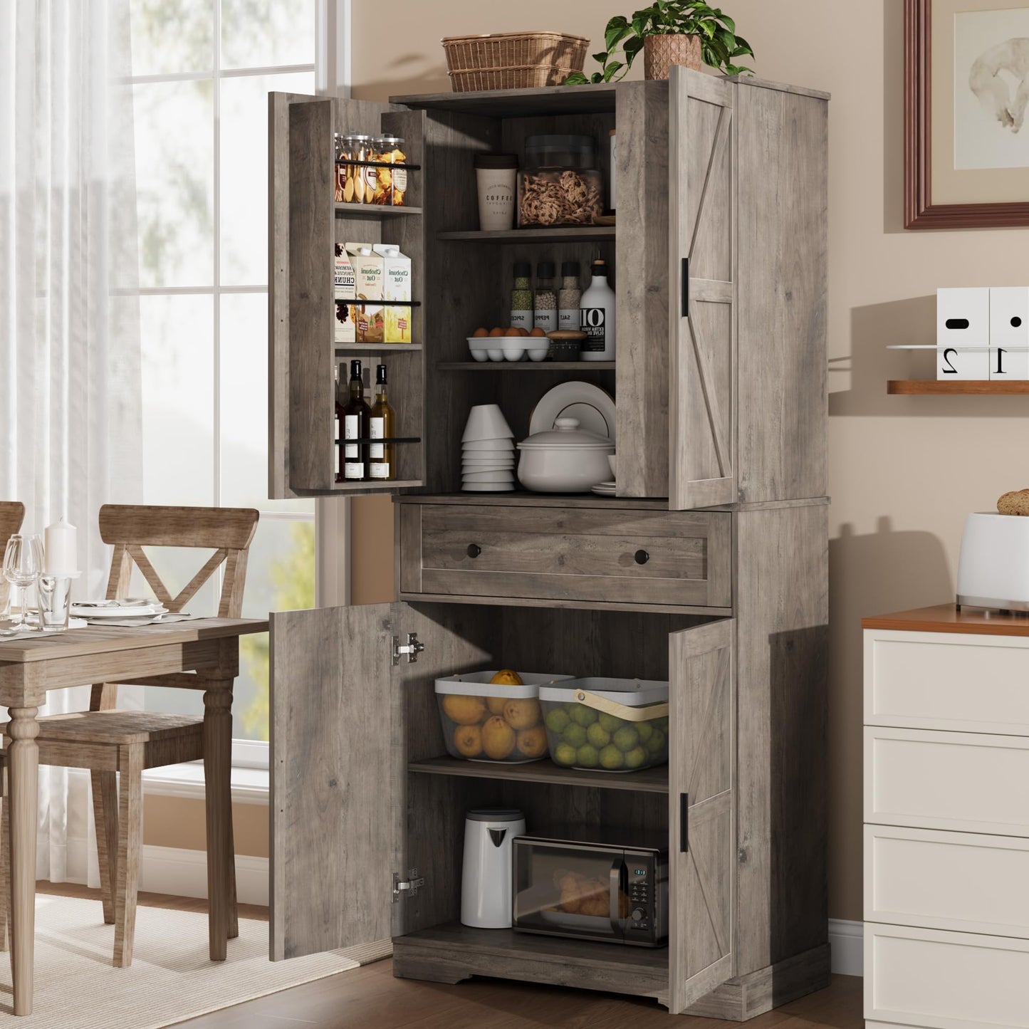 Garvee 71" Kitchen Pantry Cabinet, Barn Door Freestanding Cupboard with Drawer, Sliding Storage Rack, and 6 Hanging Shelves for Kitchen, Dining Room, Living Room Bedroom