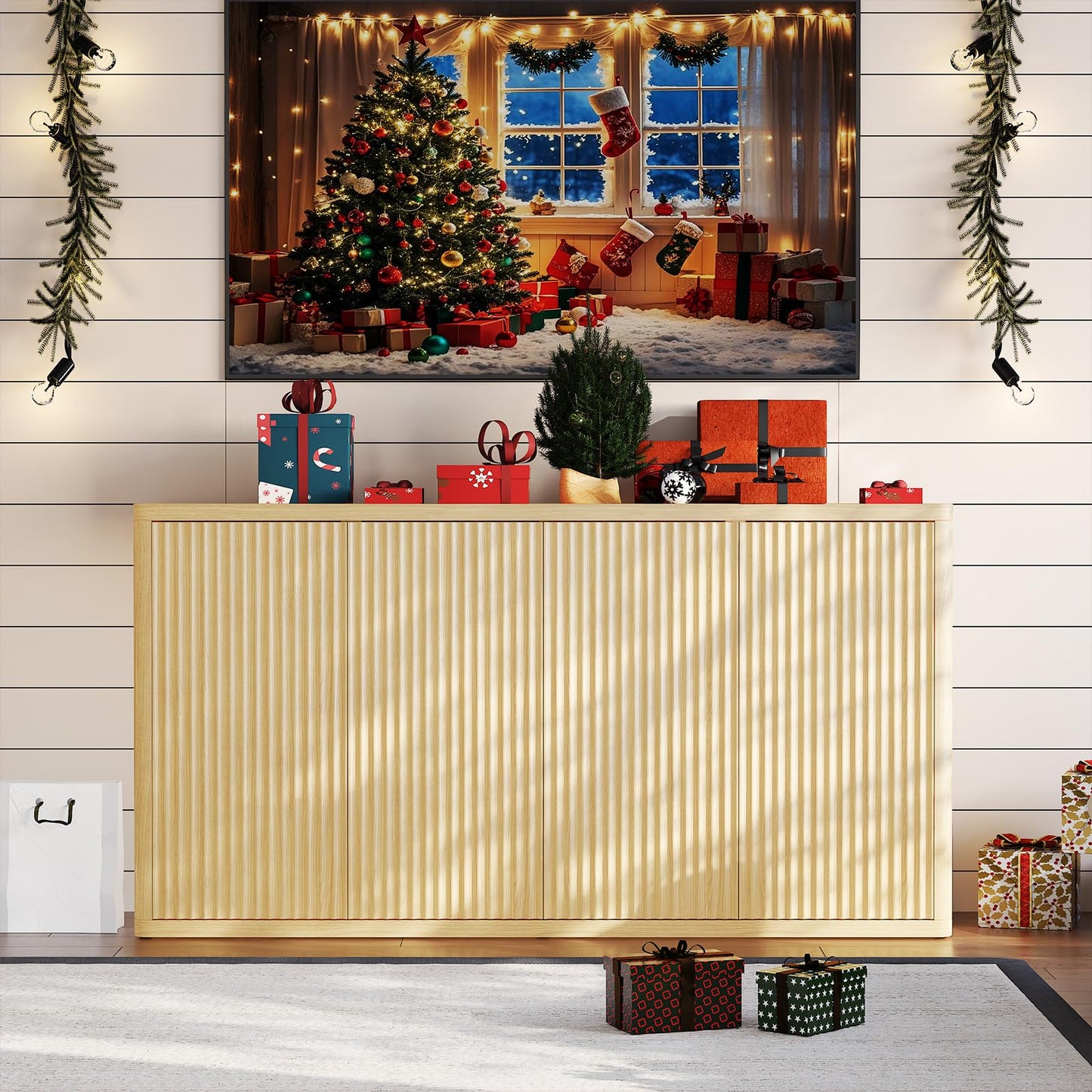 IDEALHOUSE 66.3in Large Sideboard Buffet Cabinet, Kitchen Modern Fluted Cupboard Coffee Bar Console Table Credenza Storage Cabinet with Adjustable Shelves for Living Room Hallway, 4 Doors