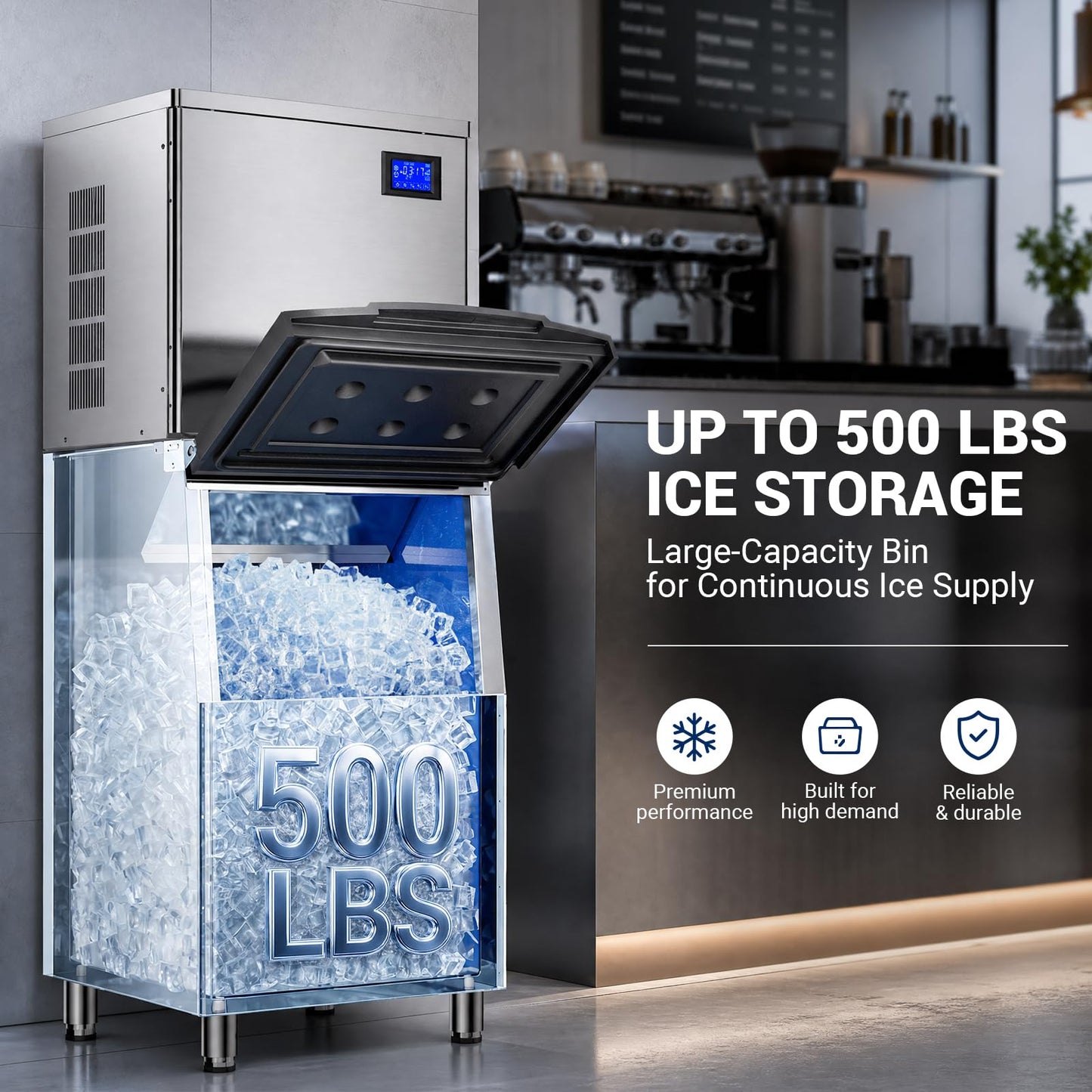Commercial Ice Maker Machine, 650Lbs/24H Ice Machine with 500LBS Large Storage Bin, ETL Approval, Auto Cleaning Mode & Timing Function, Air Cooled Commercial Ice Maker for Restaurant/Bar/Cafe/Business