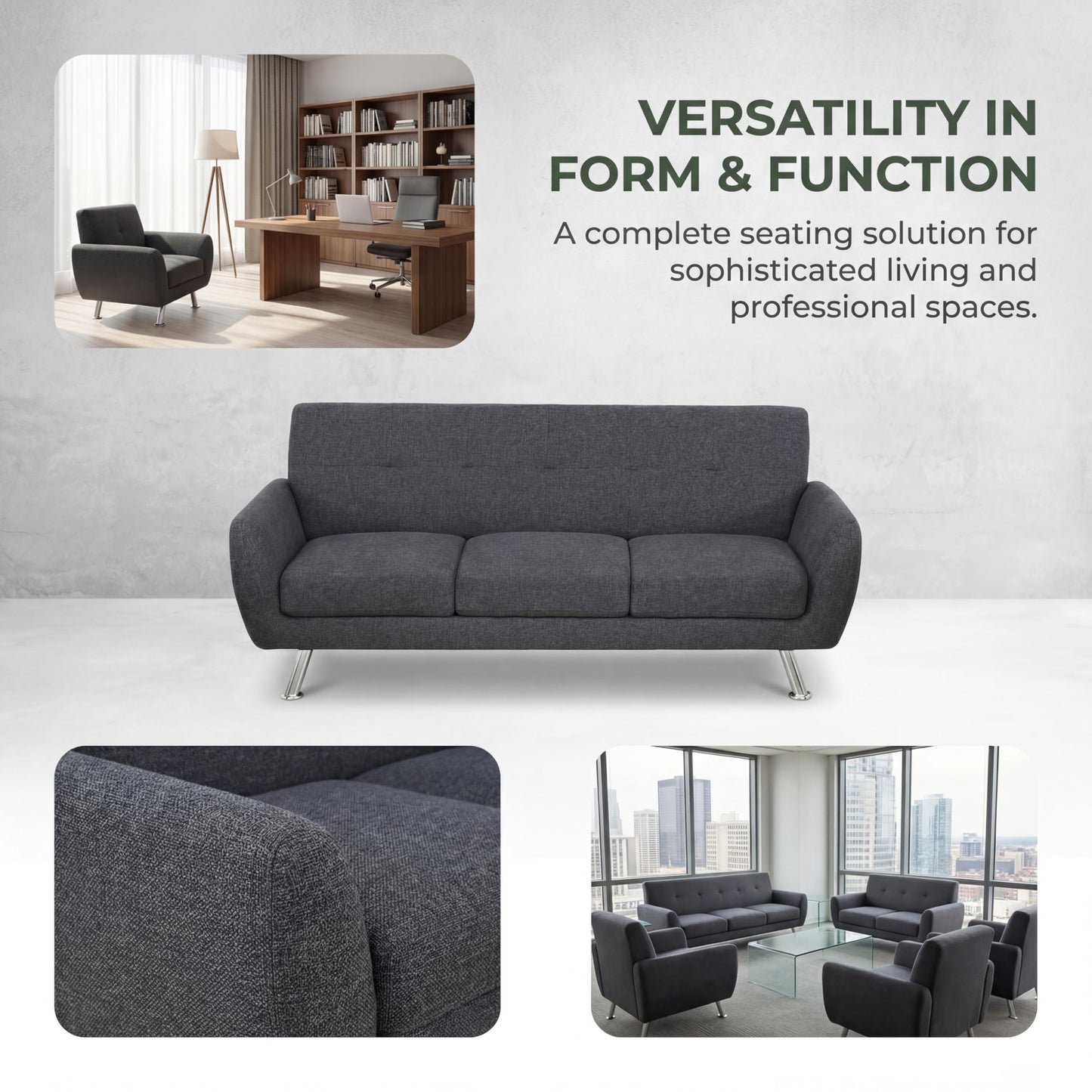 Trygoal 3 Piece Sofa Sets for Living Room, Modern Sectional Couch and Loveseat & Armchair Set, Mid-Century Furniture Sets for Living Room, Apartment, Office, Black