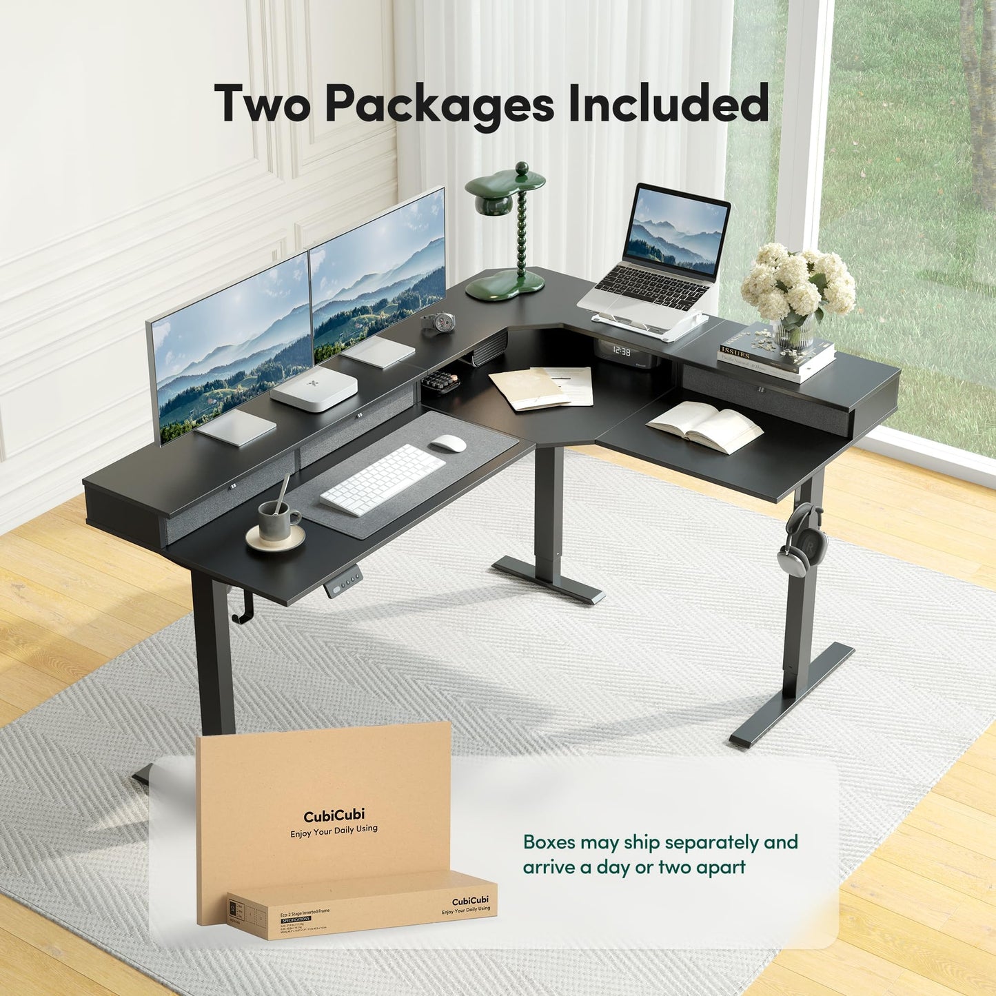 CubiCubi 63x48 Inches L Shaped Standing Desk with 3 Drawers and Monitor Shelf, Height Adjustable Corner Computer Desk with Hooks, Sit Stand Up Ergonomic Home Office Workstation Table, Modern Black