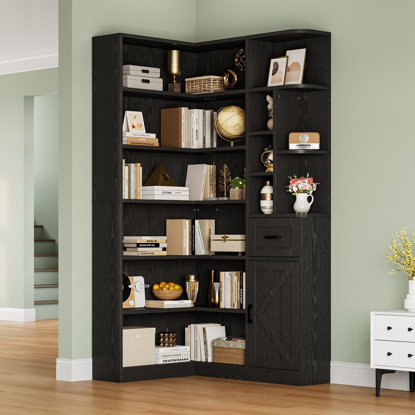 Garvee 74'' Tall Corner Bookshelf - 6-Tier Book Shelf with Drawer and Cabinets, l-Shaped Bookcase Open Storage Shelves Modern Display Shelf for Home, Office