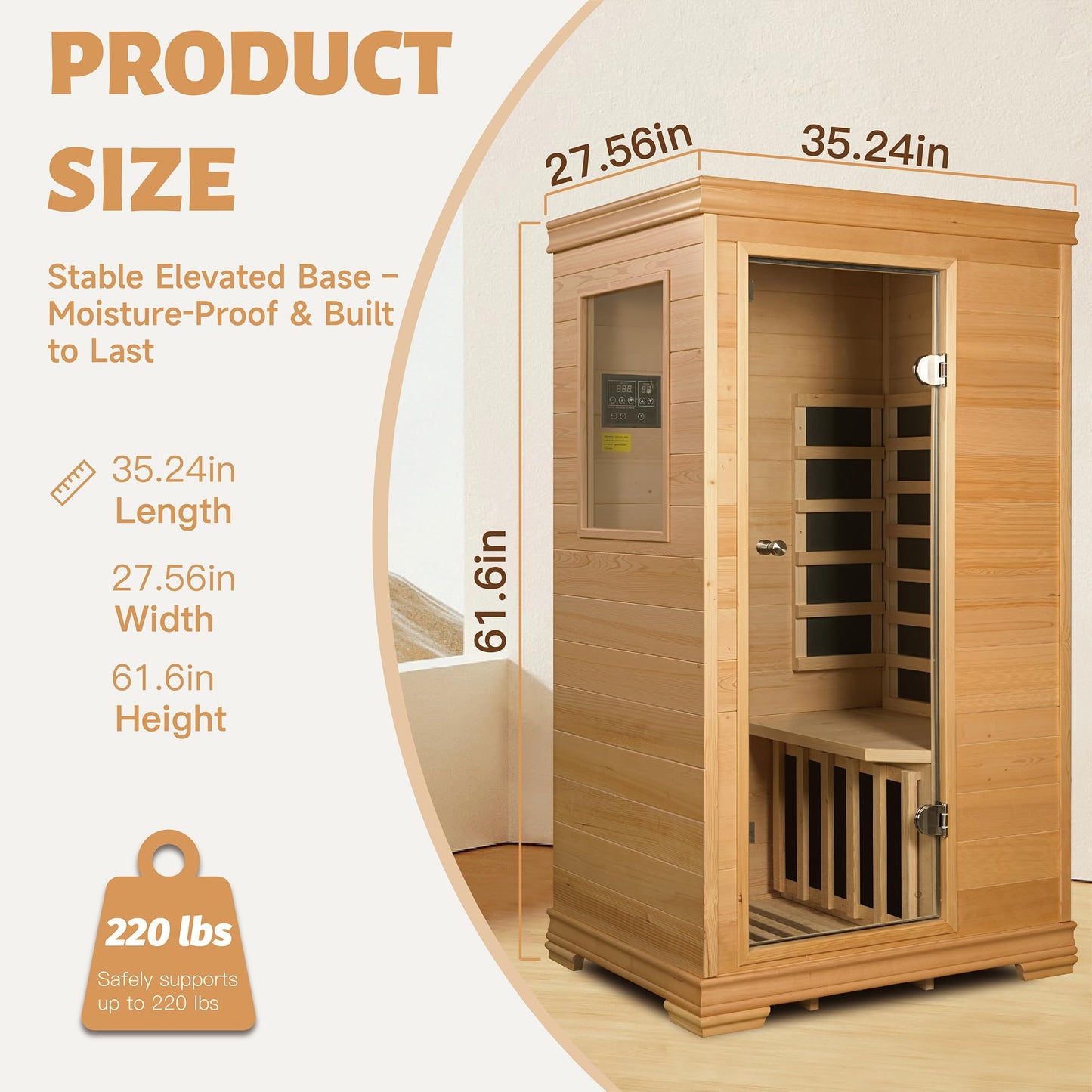 Royal Sauna Infrared Sauna 1 Person, Infrared Saunas for Home, 960W/120V Hemlock Wood Dry Sauna with Foot Warmer, Reading Light, 2 BT Speakers & LCD Control Panel, 61.34"x35.24"x27.56"
