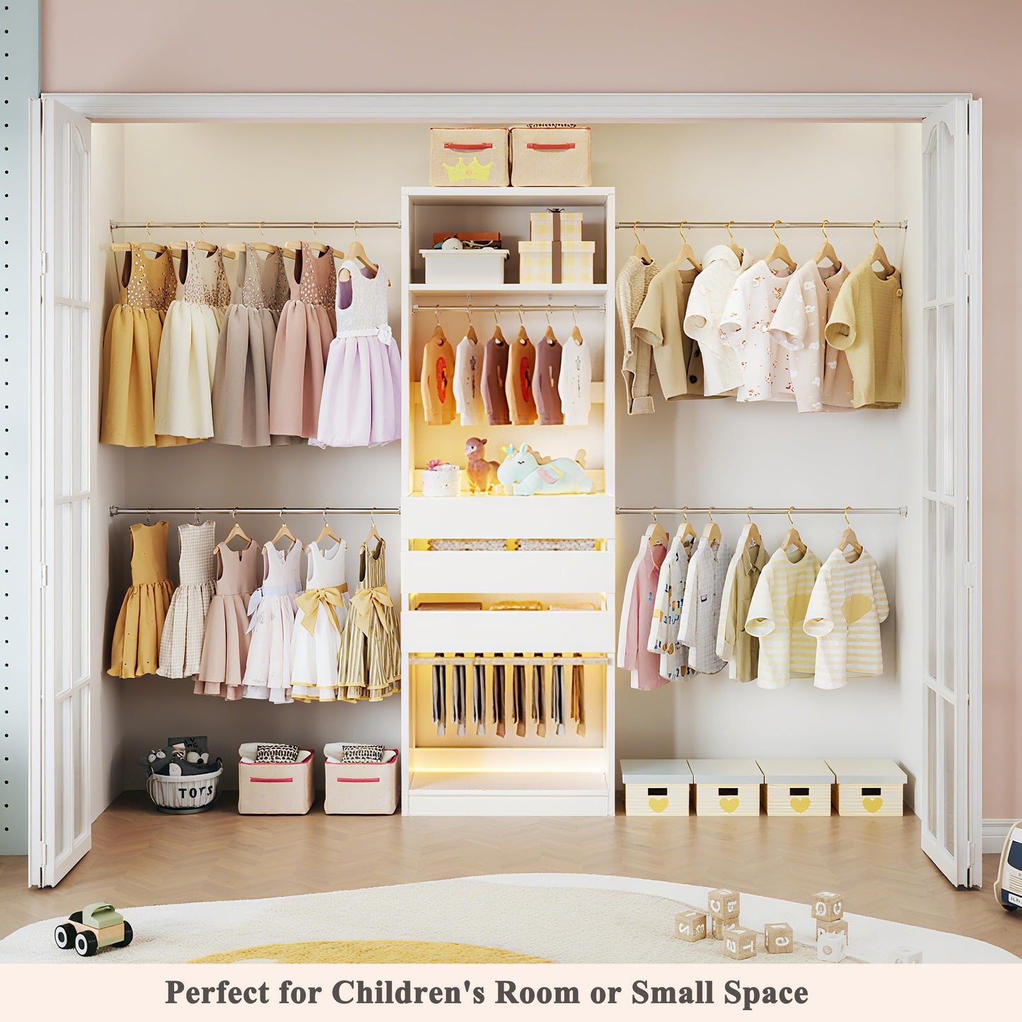 Closet System, 4-8FT Closet Organizer with 3 Wood Drawers & Glass Top, 102'' Walk in Closet with 5 Hang Rods & LED Lights & Trouser Rack, Built-in Wardrobe Clothes Rack with Shelves and Tower, White