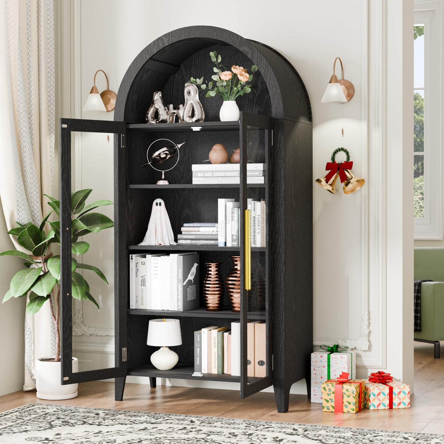 TRUNBACK 63" Tall Arched Display Cabinet with Glass Doors, Modern 5-Tier Curio Cabinet with Adjustable Shelves for Living Room, High Load Capacity Wood Arched Bookshelf Pantry Cabinet, Black
