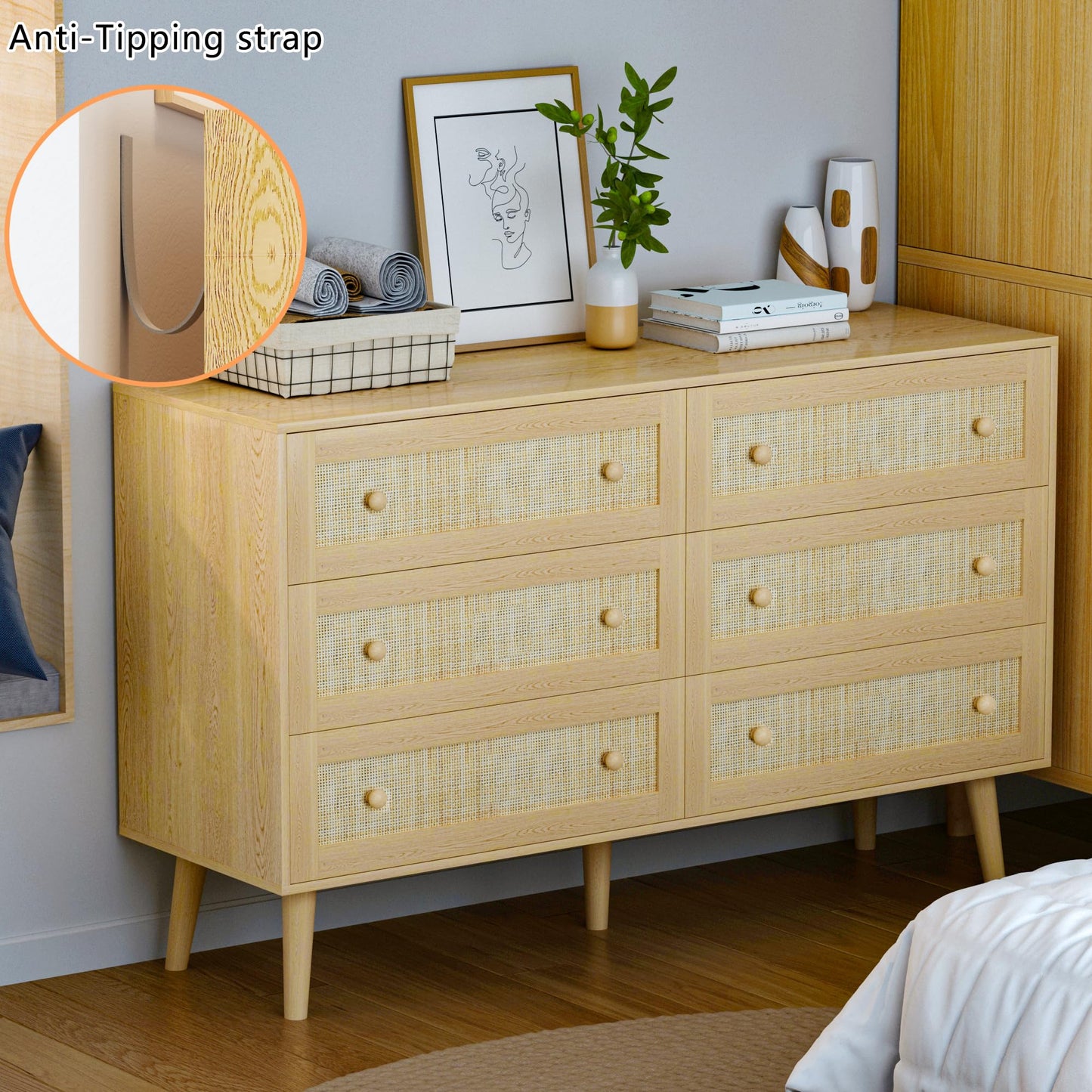 HUANLEGO Rattan Dresser for Bedroom, Modern 6 Drawer Dressers & Chest of Drawers, Natural Boho Dresser with Handles Wood Storage Organizer Modern Dressers for Closet, Hallway, Office