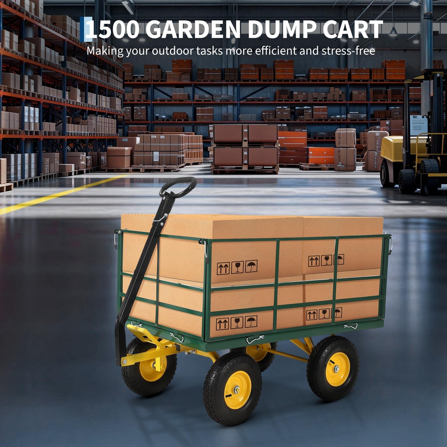 Garvee 1500 LB Garden Dump Cart with 13 in All Terrain Tires, 3-in-1 Yard Wagon Cart with Removable Side Panels, Heavy Duty Outdoor Metal Utility Wagon Yard Trailer for Outdoor Lawn, Yard, Backyard