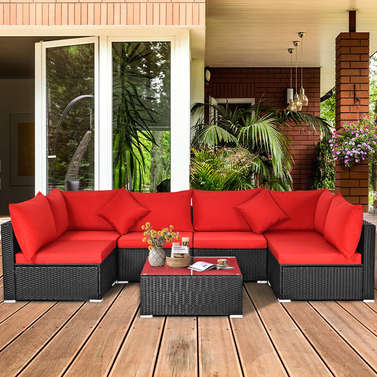 COSTWAY 7 Pieces Patio Furniture Set, Outdoor Rattan Conversation Set with 6 Seats, Coffee Tea Table, Soft Cushions, Wicker Patio Sectional Sofa for Garden Balcony Porch Poolside, Red