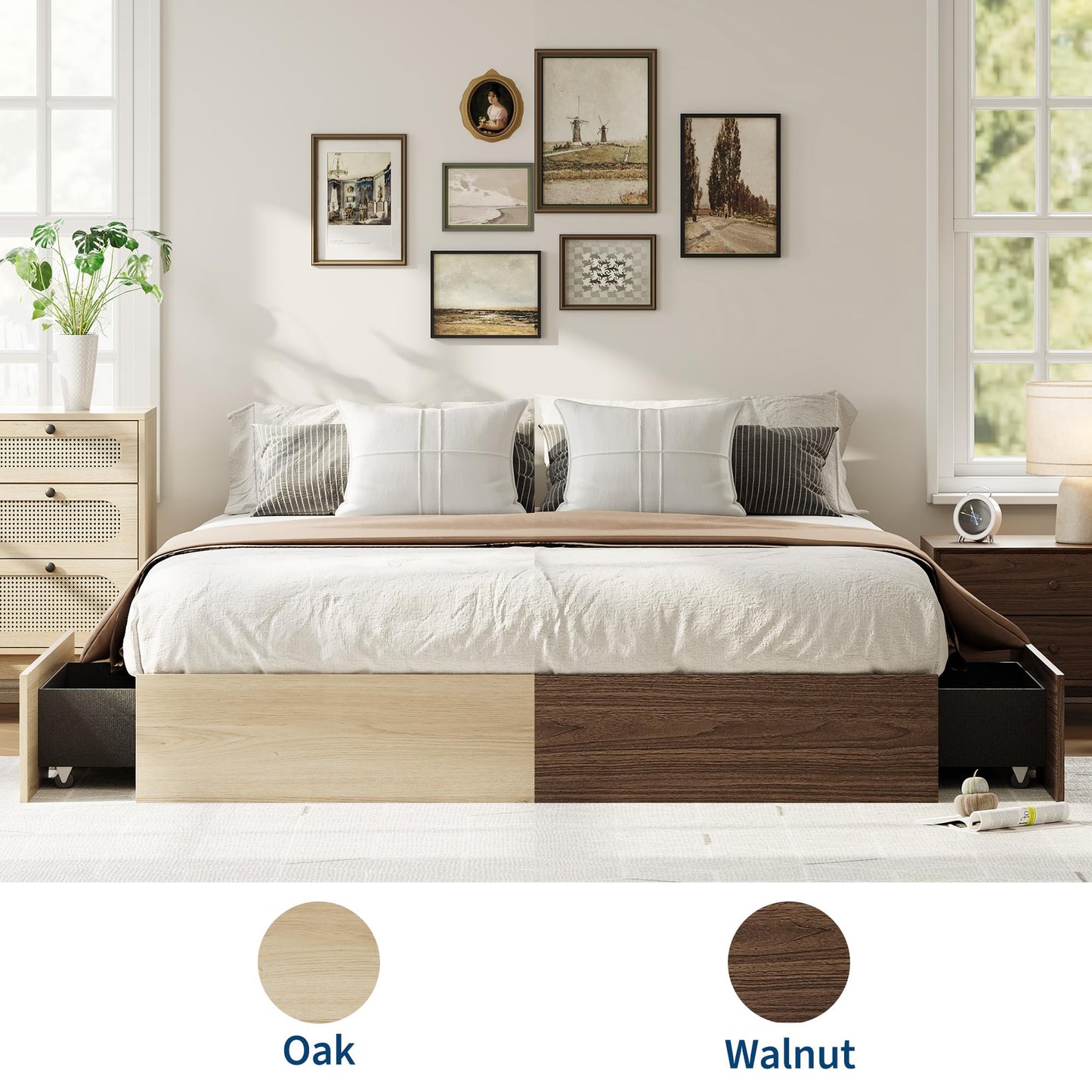 IDEALHOUSE Queen Bed Frame with 2 Storage Drawers, Wooden Bed Frame Without Headboard, Minimalist Floor Platform Bed, Wood Slat Support, Noise Free, No Box Spring Needed, Easy Assembly