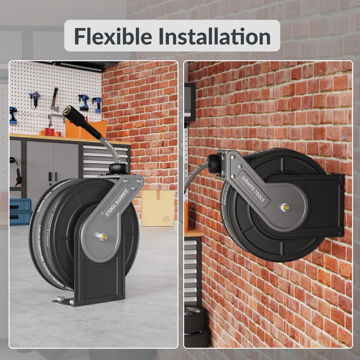Giraffe Tools Pressure Washer Hose Reel 60ft, Power Washer Hose Reel, Pressure Washer Retractable Hose Reel, Heavy Duty, Wall/Floor Mounted, 4000 PSI, Dark Silver