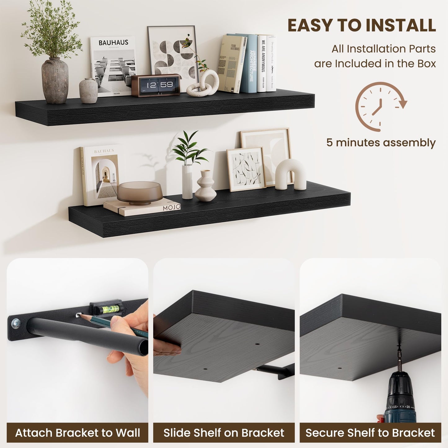 Fun Memories 72 Inch Fireplace Mantel Shelf, 10 Inch Deep Shelves for Display & Wall Storage, Rustic Wood Wall Shelf, Extra Long Floating Shelves for Living Room Laundry Room, Black, Set of 2