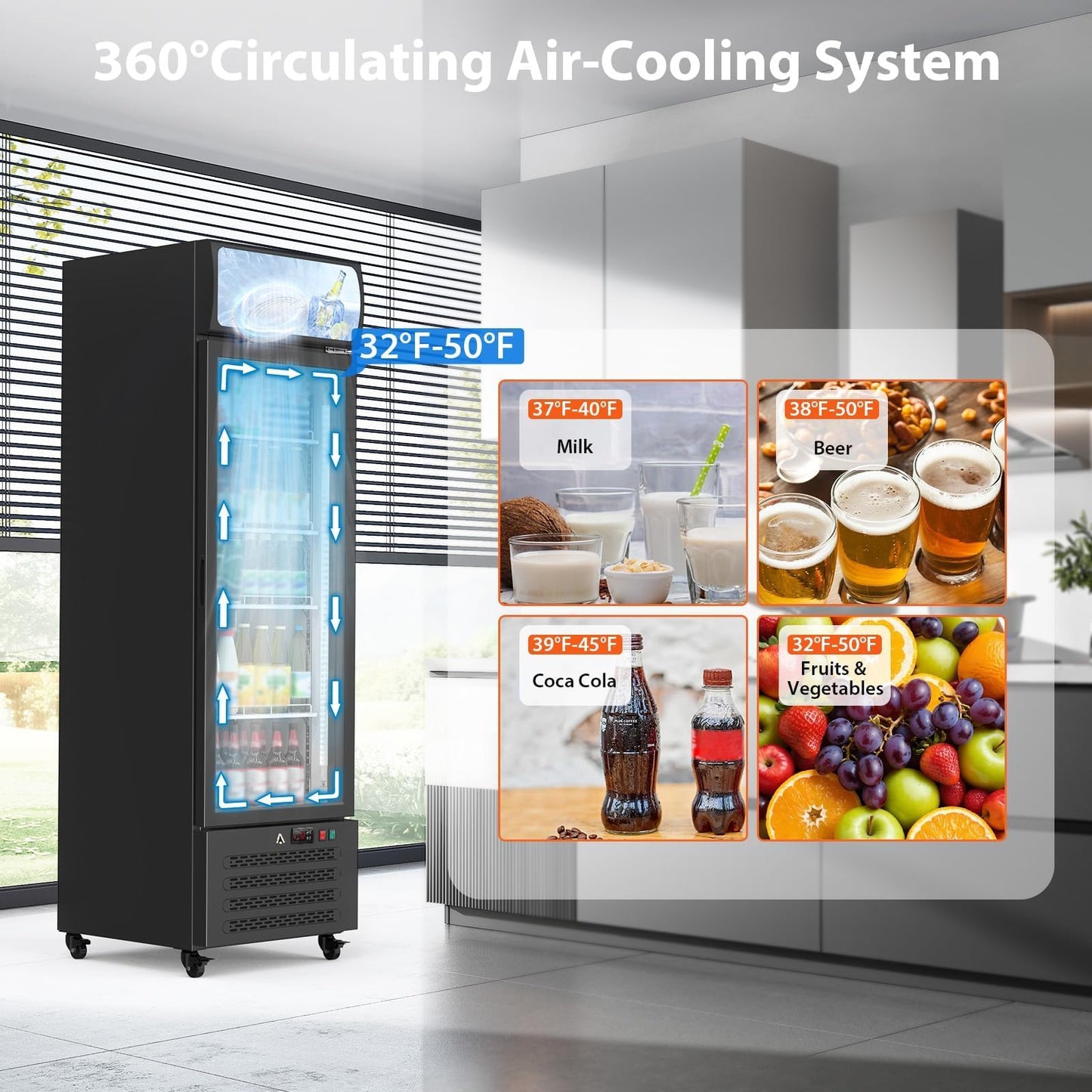 PeacefulHues 17.6 Cu.Ft Commercial Display Refrigerator,Glass Door Beverage Cooler with Adjustable Shelves,LED Lighting & Advertising Panel, Mobile Design