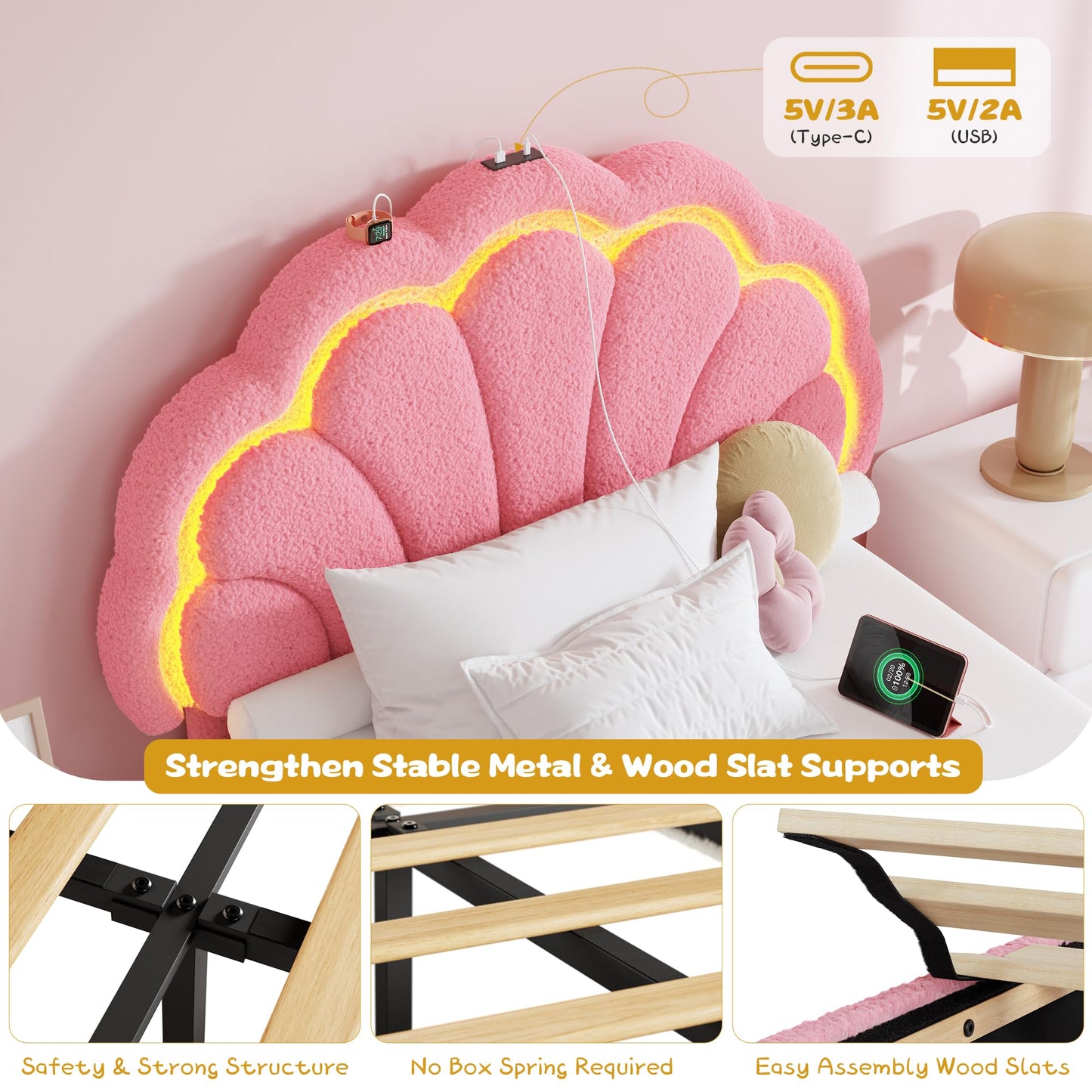 Garvee Full Upholstered LED Bed Frame - with Storage Drawer and Adjustable Chic Headboard, Berber Fleece Princess Platform Bed for Kids, Wood Support, No Box Spring Needed, Easy Assembly, Pink