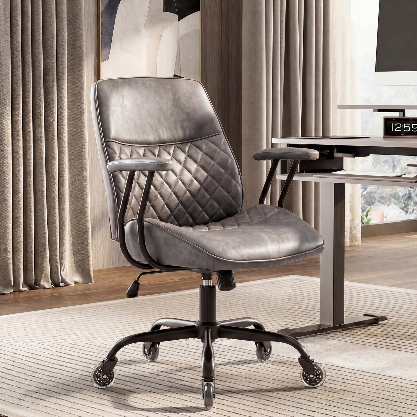 NEO Chair Ergonomic Leather Office Desk Chair with Fixed Armrests Mid Back Lumbar Support Swivel Executive Computer Chair with Wheels Comfy Home Office Chair for Adults (Grey)