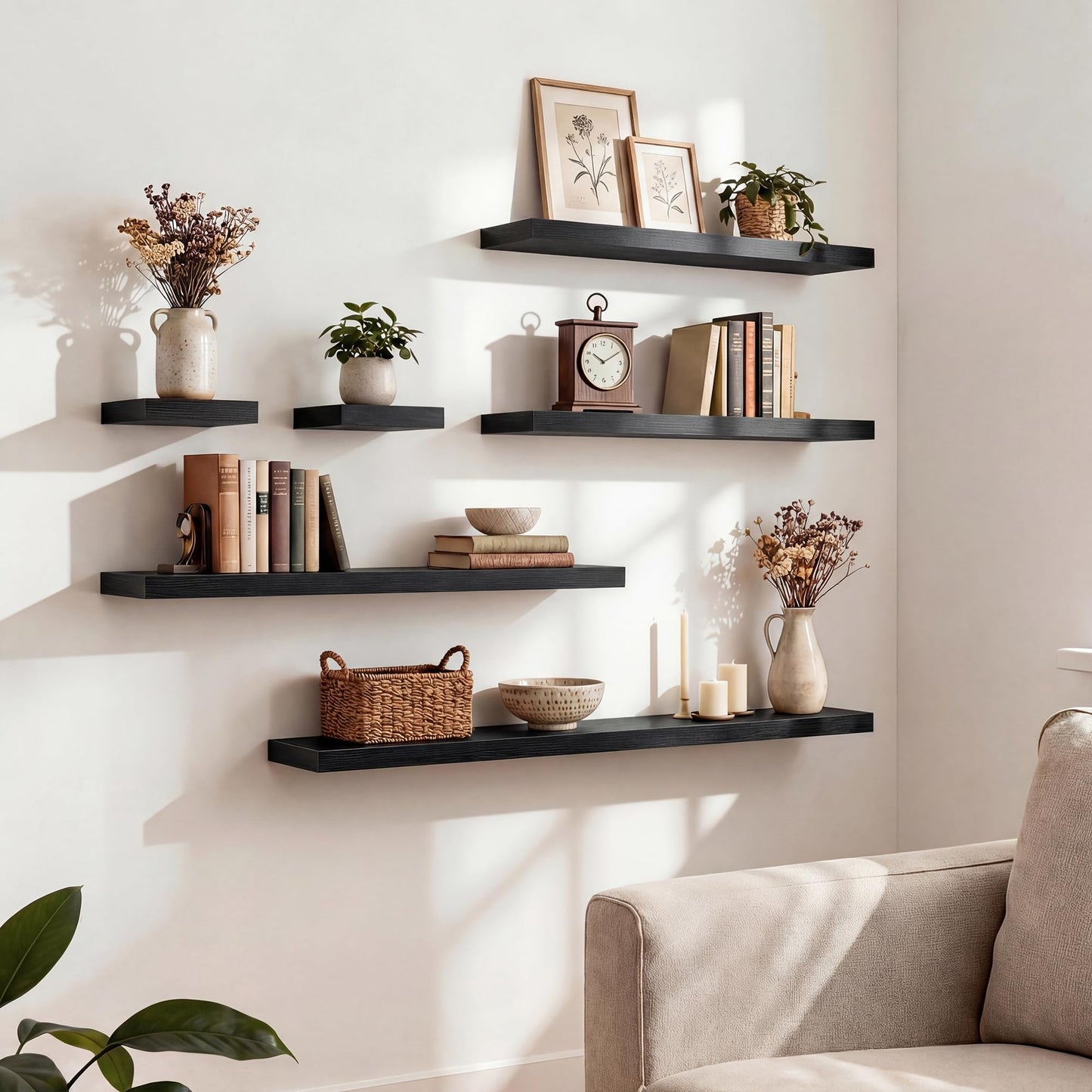 Floating Shelves for Wall, 72"W x 9.3"D x 1.5"H, Long Wooden Wall Mounted Display Shelves with Invisible Brackets for Living Room, Bedroom, Bathroom, Kitchen Decor and Storage, Set of 2, Black
