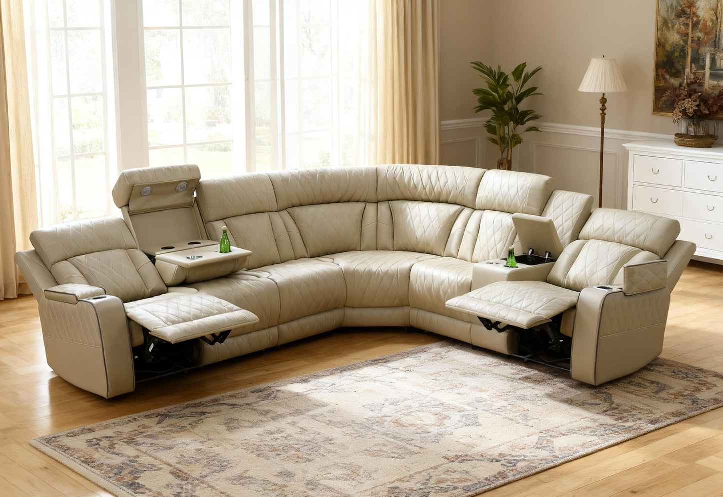 Trygoal Power Reclining Sectional Sofa Set, L-Shaped Leather Sectional Couches for Living Room, Home Theater Seating with Cup Holder, Modern Power Recliner Sofa Sets with LED Lights, Off-White
